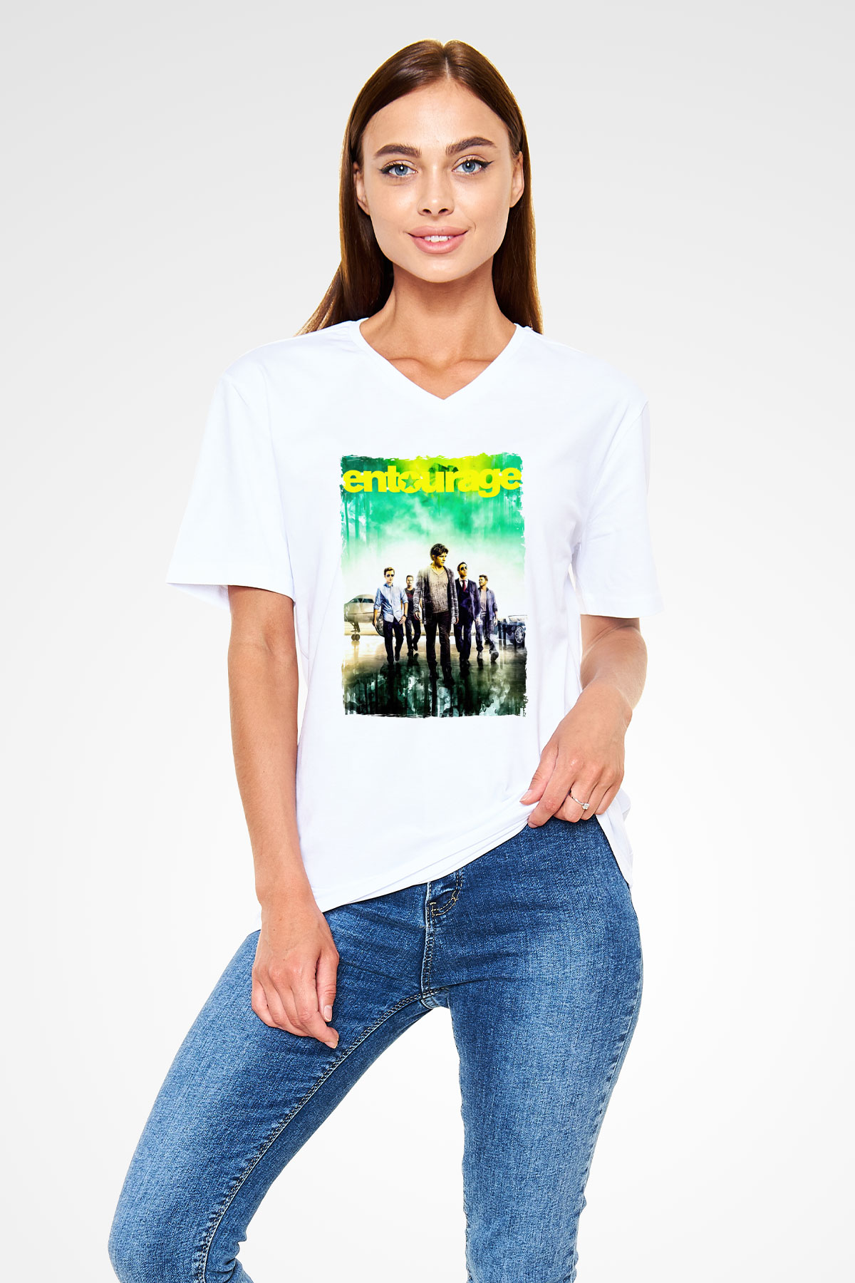 Entourage Beyaz Unisex V Yaka Tişört