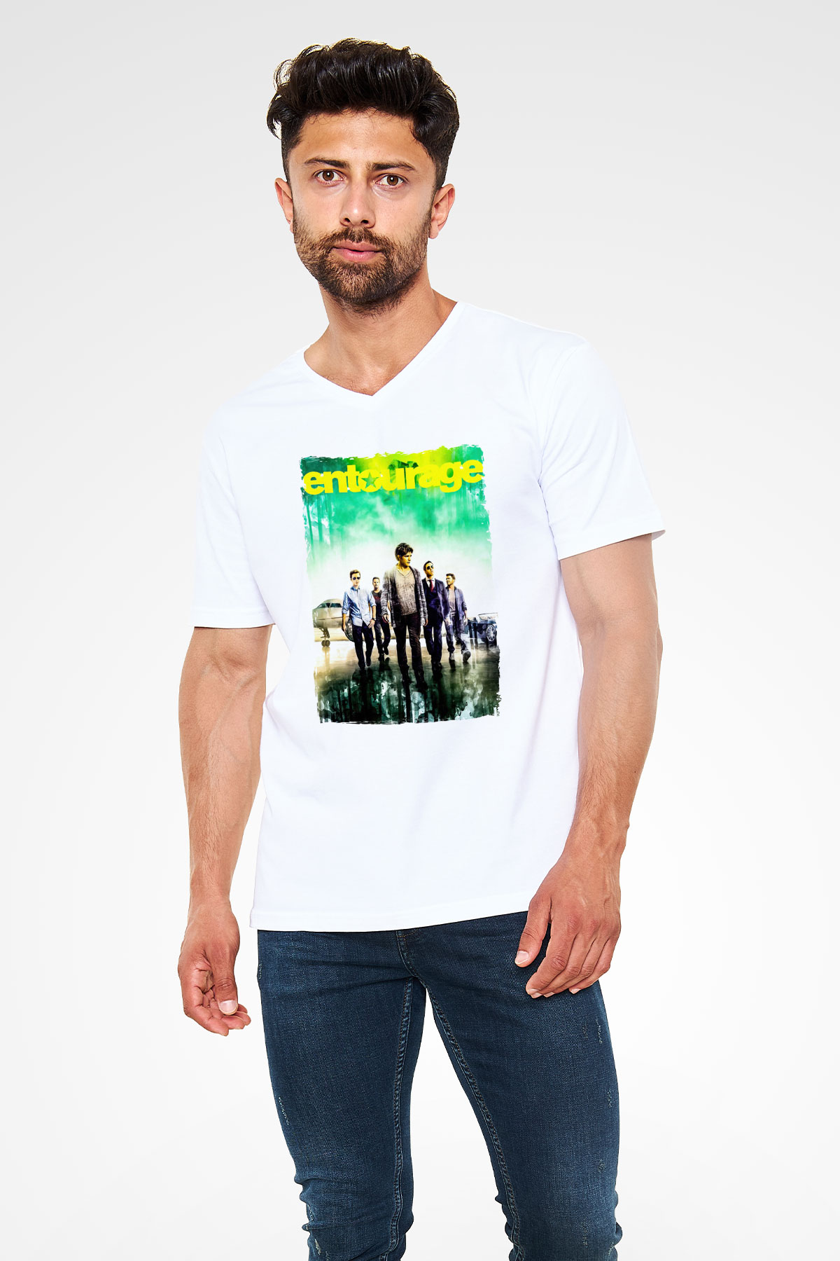 Entourage Beyaz Unisex V Yaka Tişört