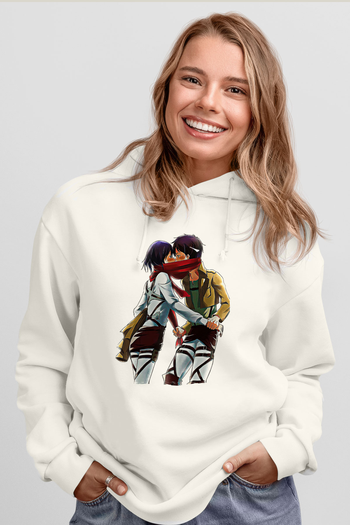 Eren Jaeger Baskılı Beyaz Unisex Hoodie