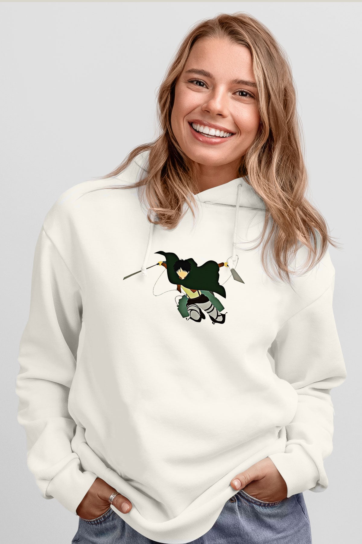 Eren Jaeger Baskılı Beyaz Unisex Hoodie