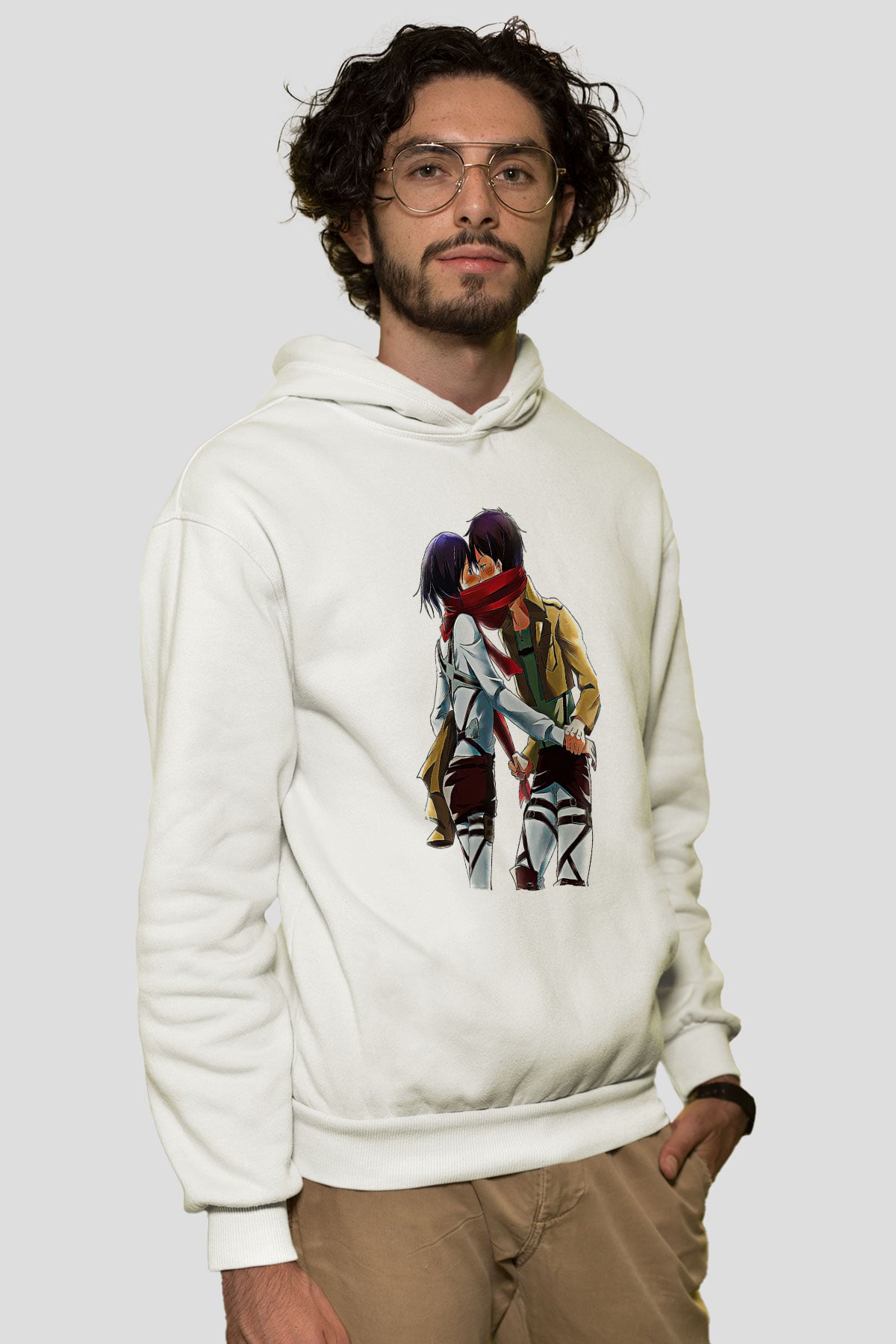 Eren Jaeger Baskılı Beyaz Unisex Hoodie