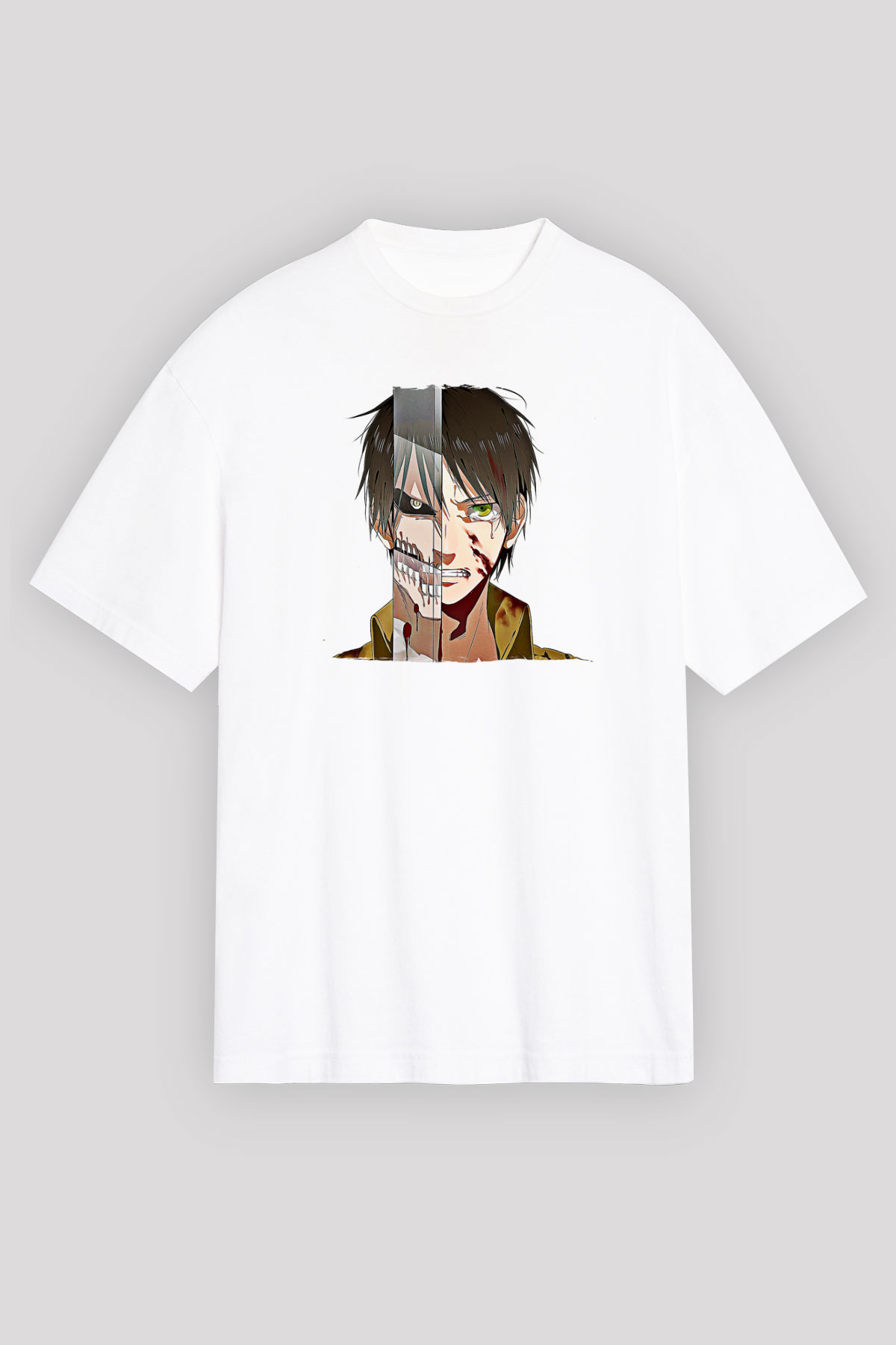 Eren Jaeger Baskılı Beyaz Unisex Oversize Tişört - Tshirt