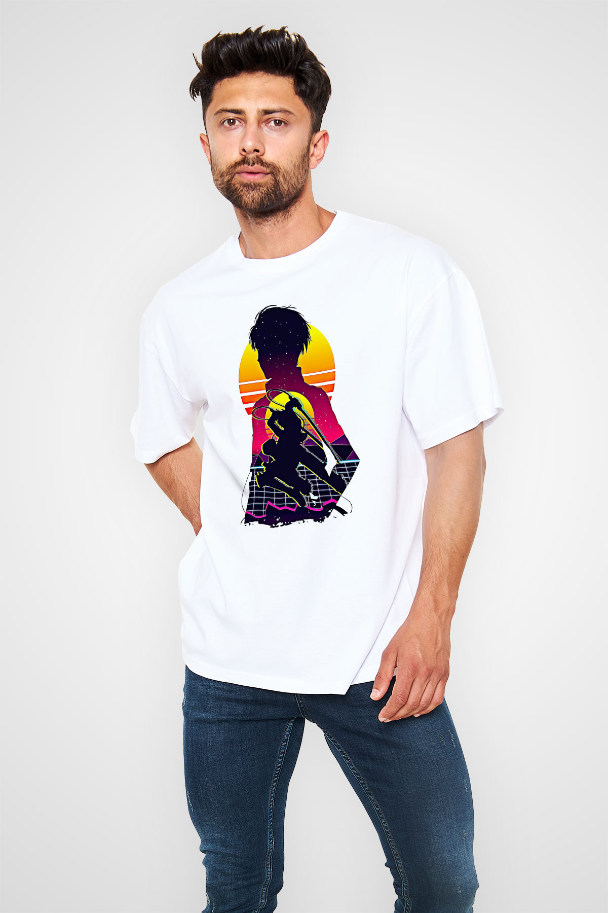 Eren Jaeger Baskılı Beyaz Unisex Oversize Tişört - Tshirt