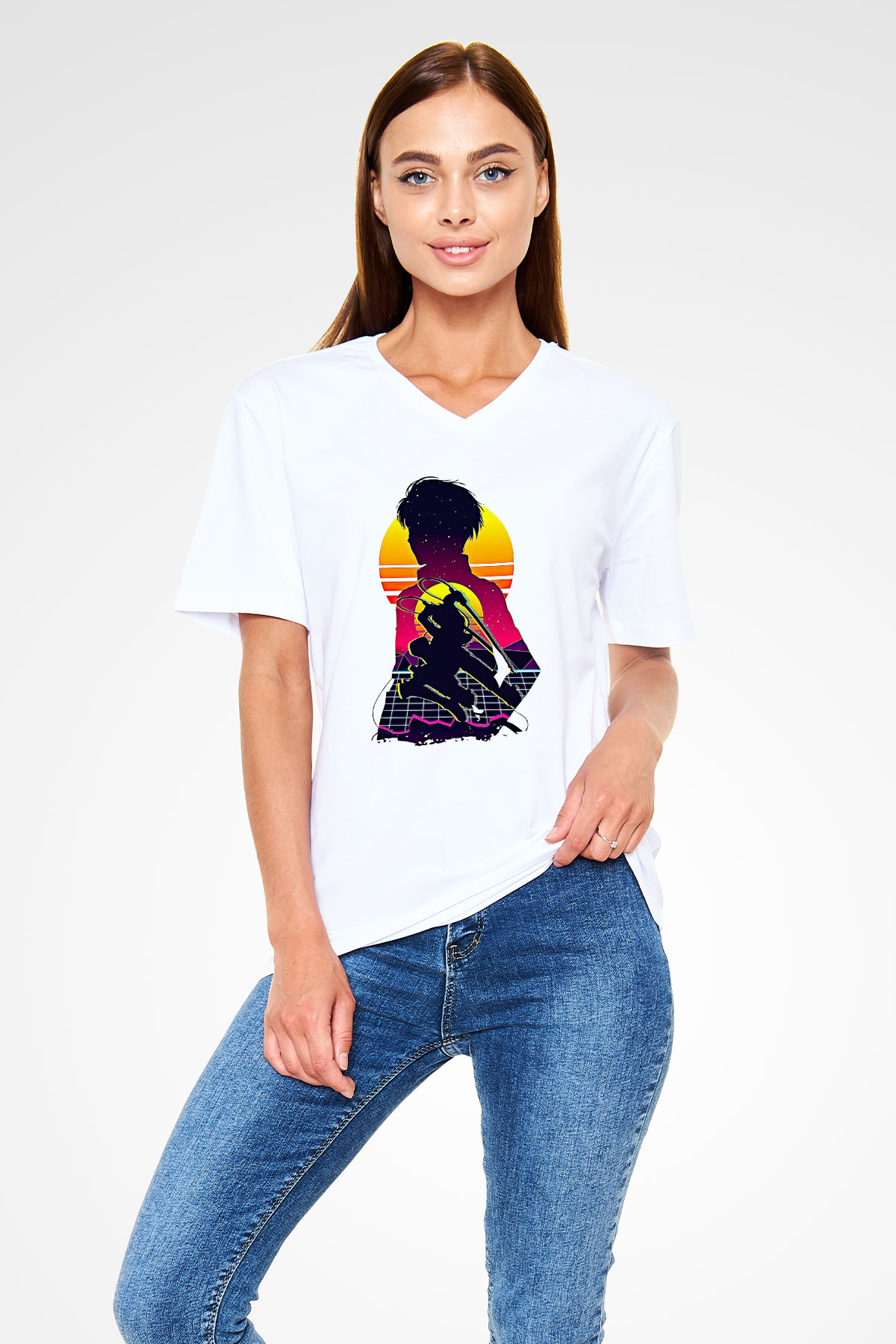 Eren Jaeger Baskılı Beyaz Unisex V Yaka Tişört - Tshirt