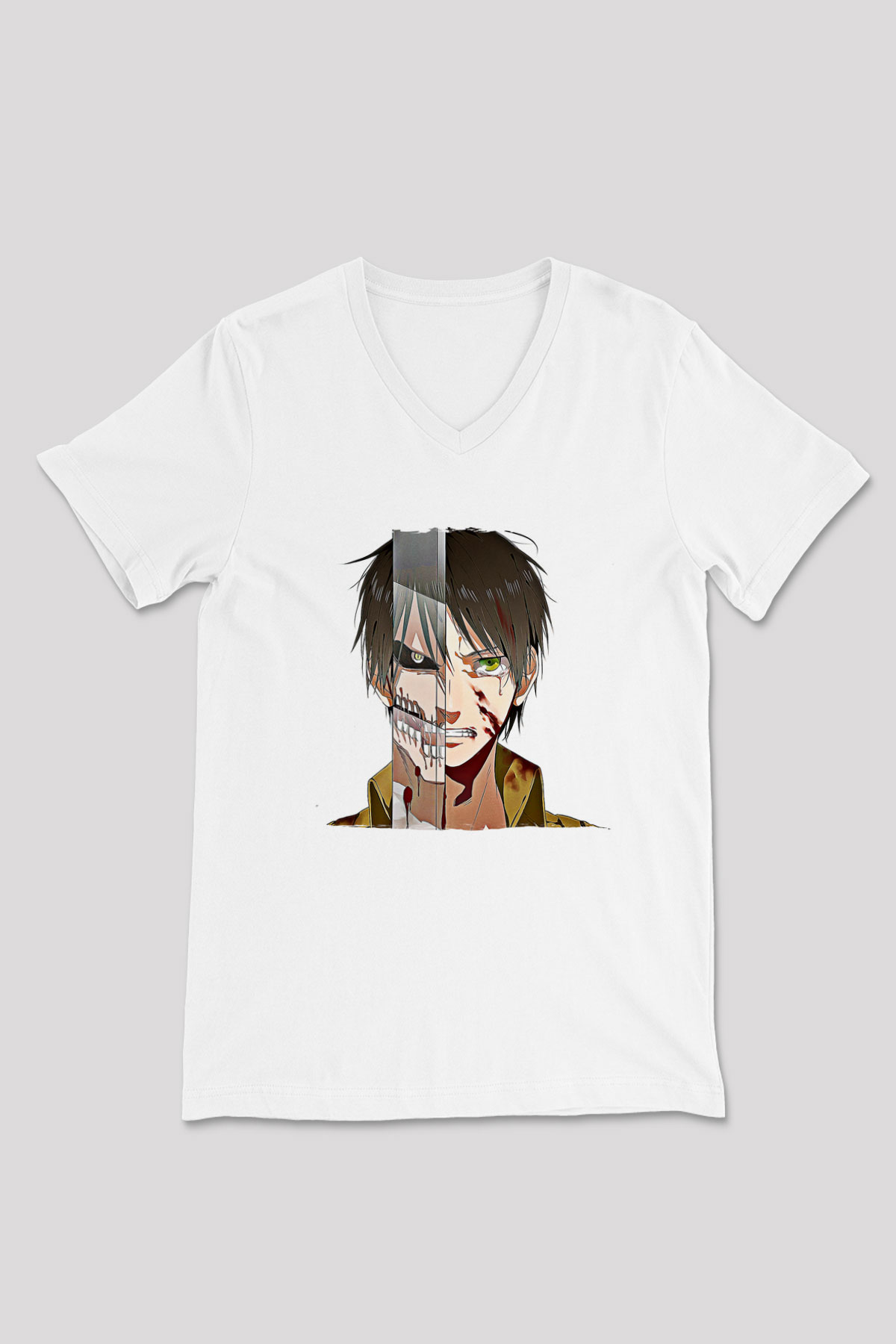 Eren Jaeger Baskılı Beyaz Unisex V Yaka Tişört - Tshirt