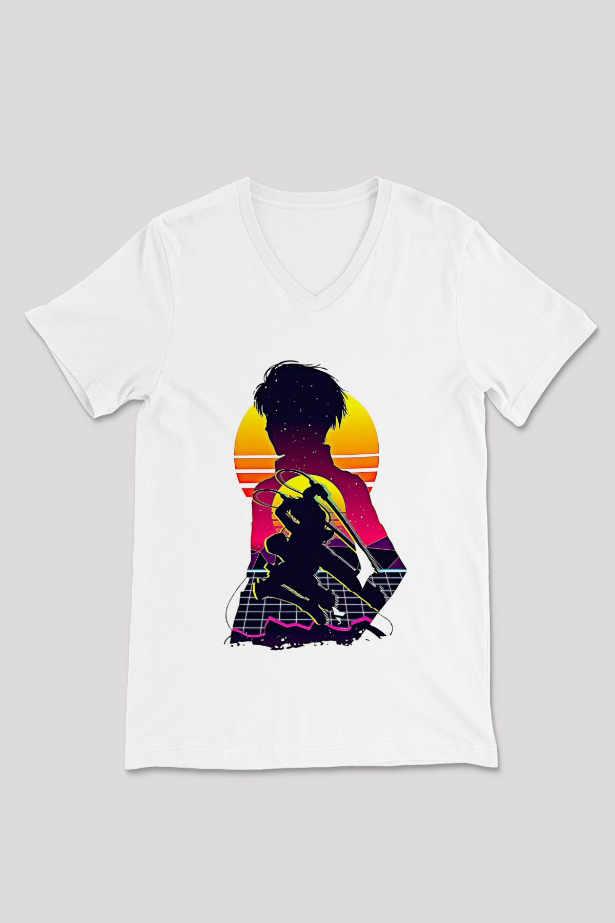 Eren Jaeger Baskılı Beyaz Unisex V Yaka Tişört - Tshirt