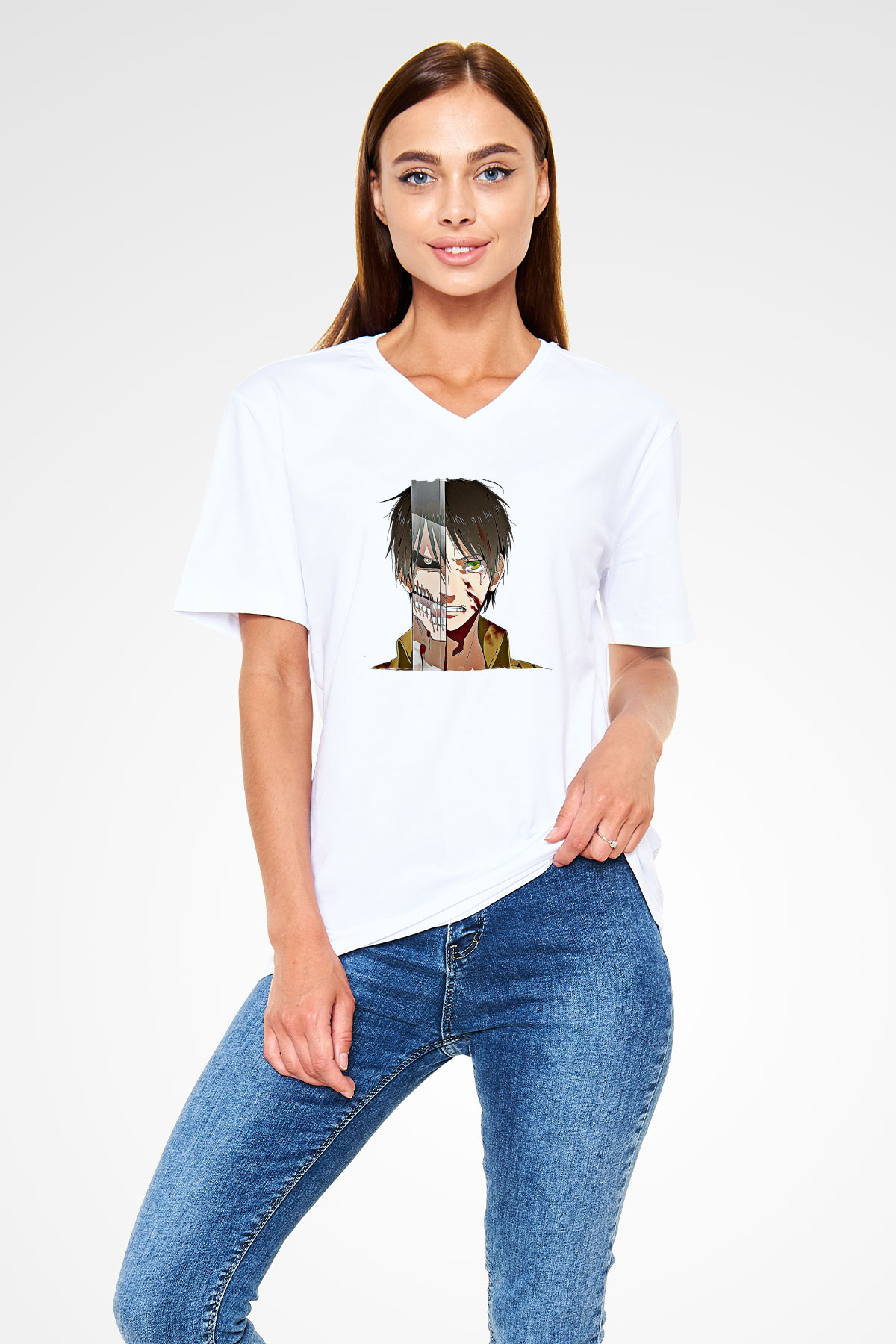 Eren Jaeger Baskılı Beyaz Unisex V Yaka Tişört - Tshirt