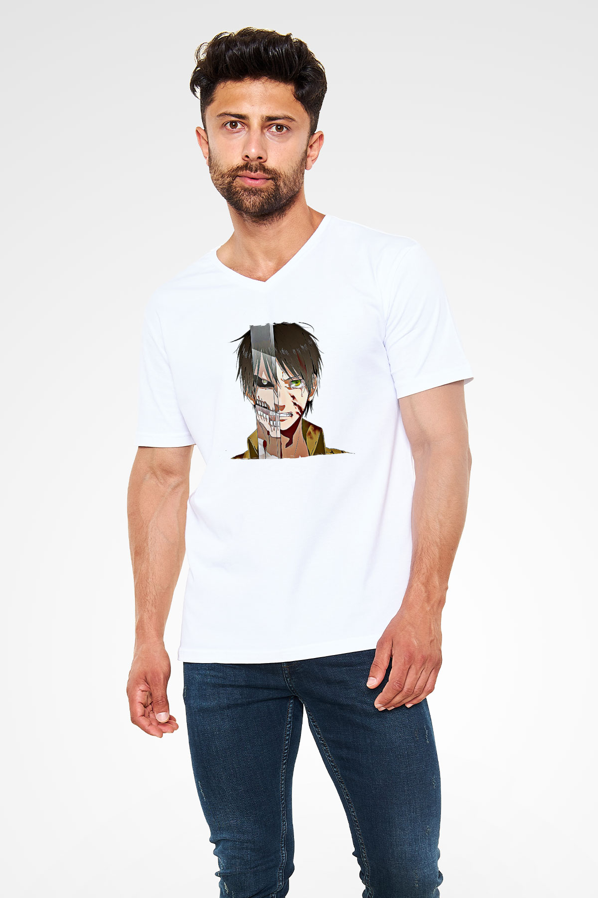 Eren Jaeger Baskılı Beyaz Unisex V Yaka Tişört - Tshirt