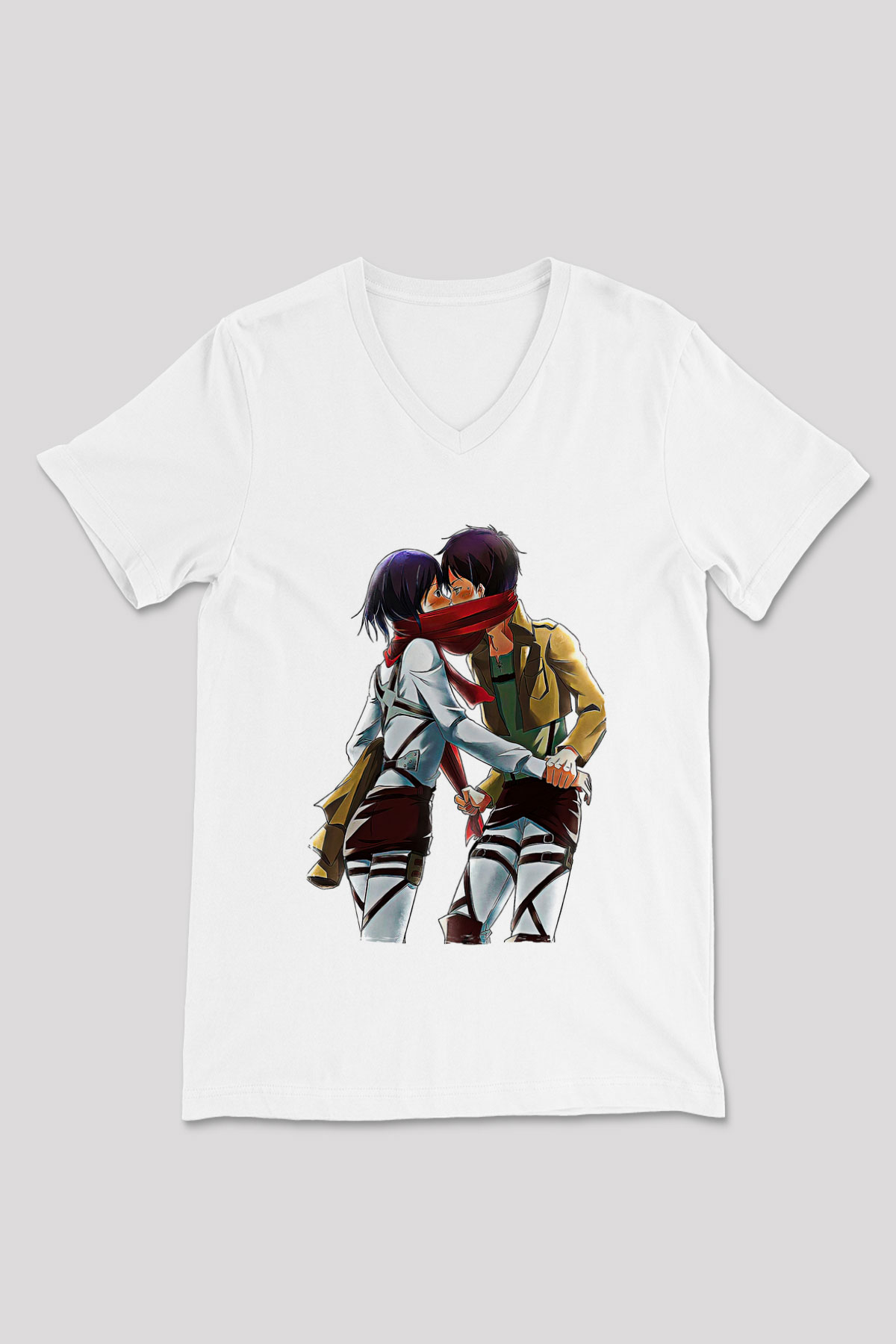 Eren Jaeger Baskılı Beyaz Unisex V Yaka Tişört - Tshirt
