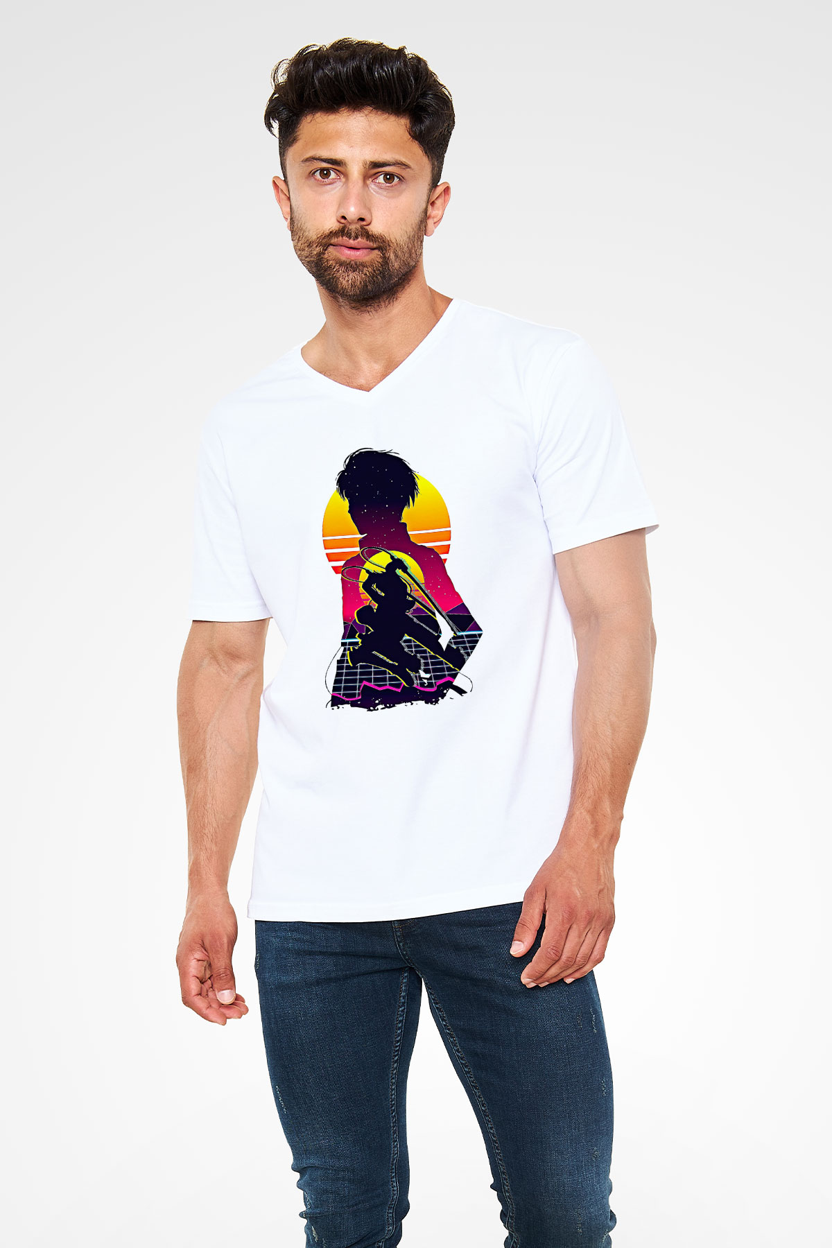 Eren Jaeger Baskılı Beyaz Unisex V Yaka Tişört - Tshirt