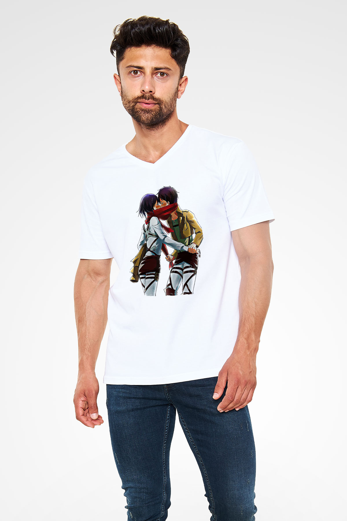 Eren Jaeger Baskılı Beyaz Unisex V Yaka Tişört - Tshirt