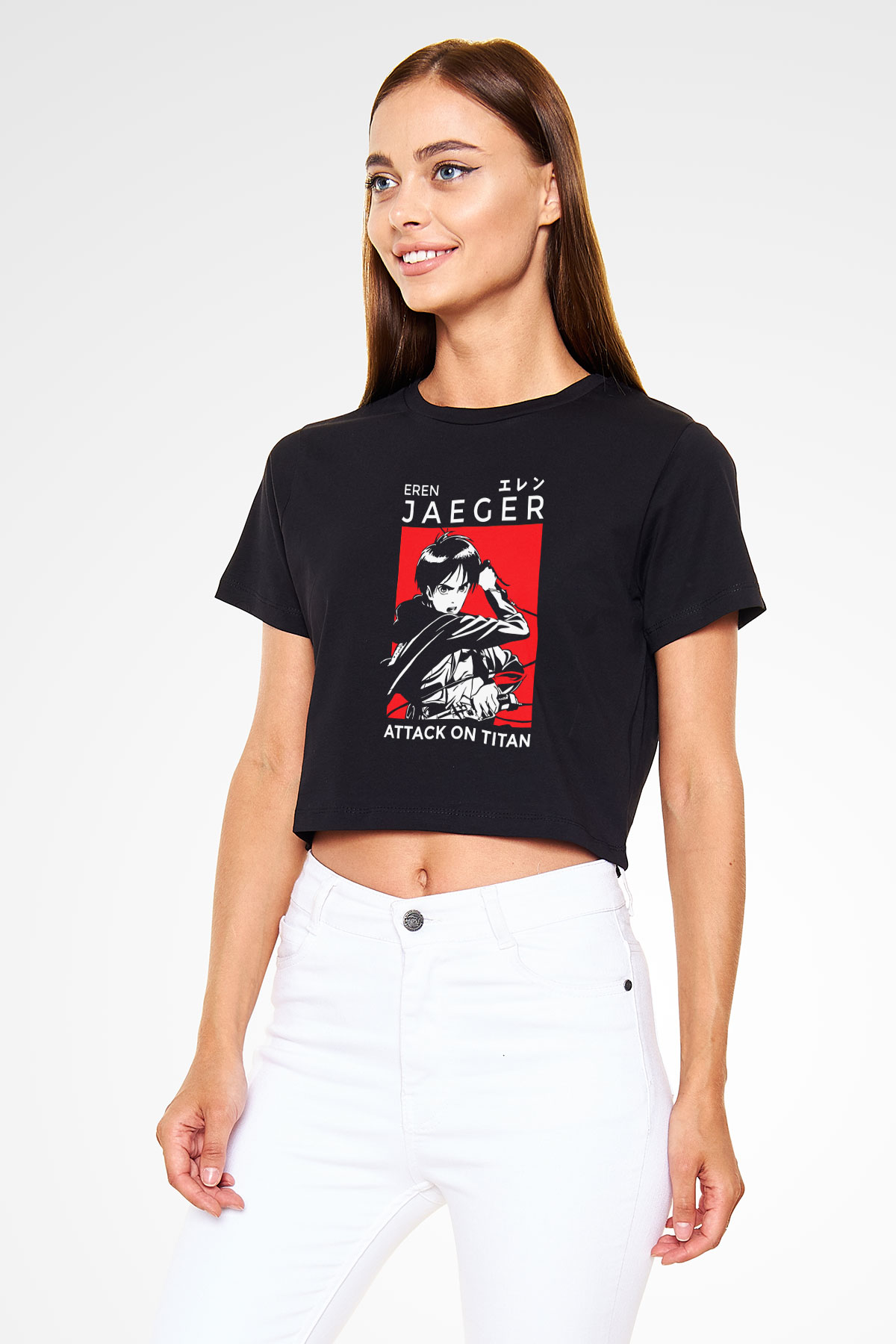 Eren Jaeger Baskılı Siyah Crop Top Kadın Tişört - Tshirt