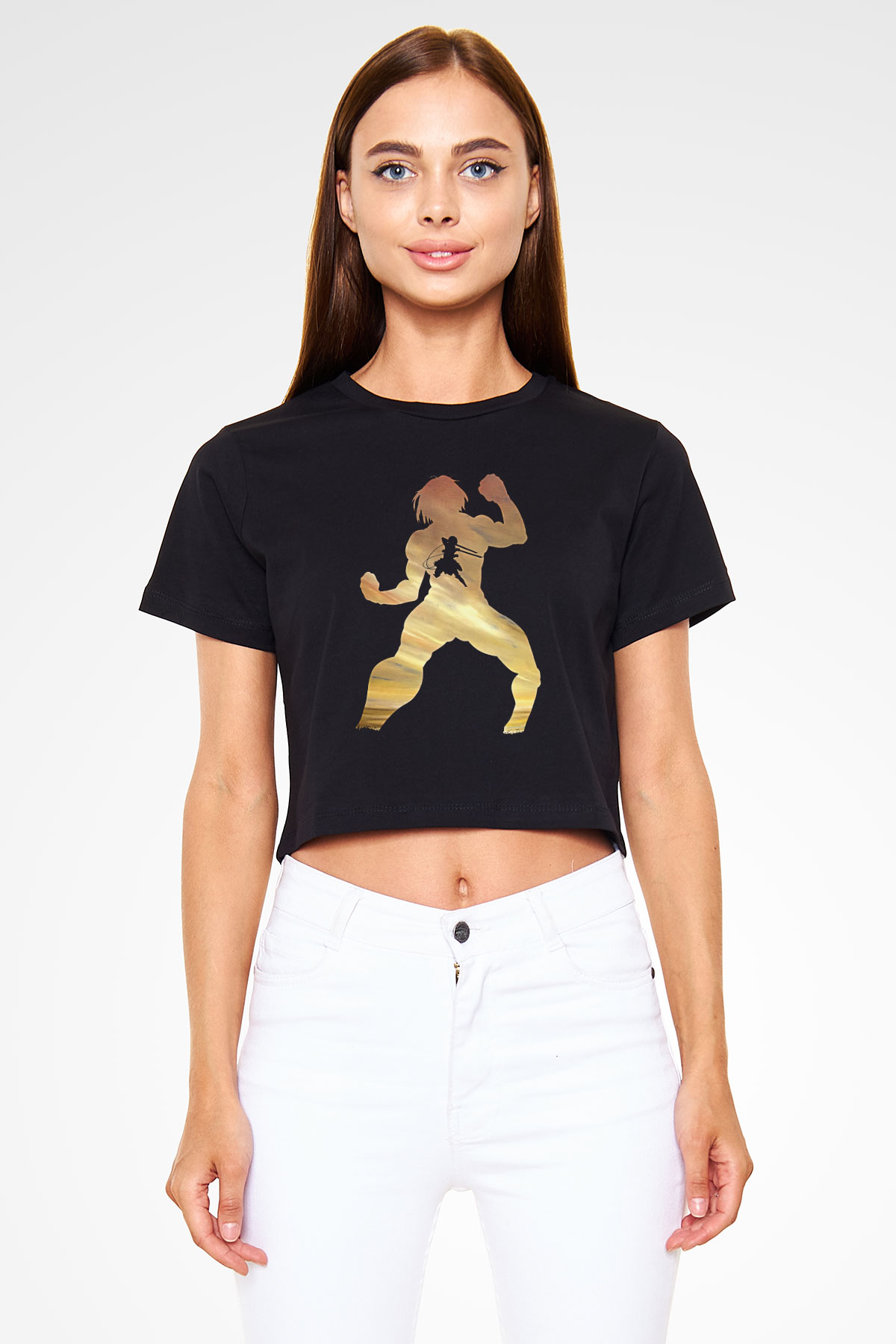 Eren Jaeger Baskılı Siyah Crop Top Kadın Tişört - Tshirt