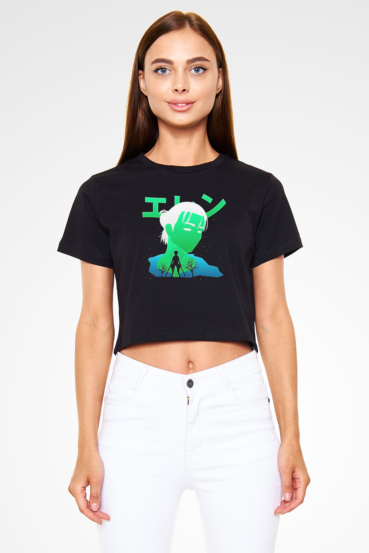 Eren Jaeger Baskılı Siyah Crop Top Kadın Tişört - Tshirt
