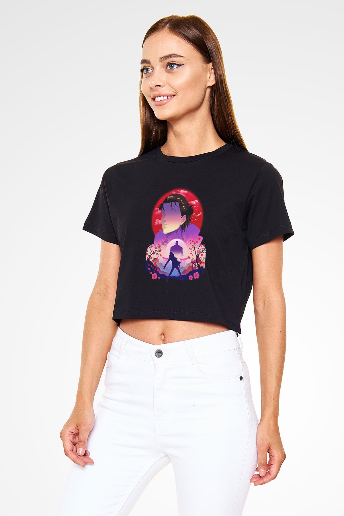 Eren Jaeger Baskılı Siyah Crop Top Kadın Tişört - Tshirt