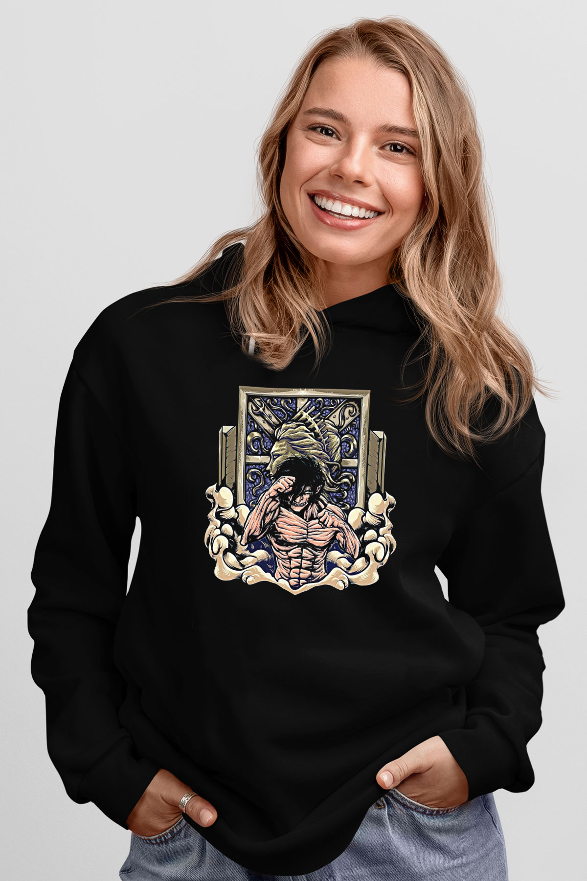 Eren Jaeger Baskılı Unisex Siyah Hoodie