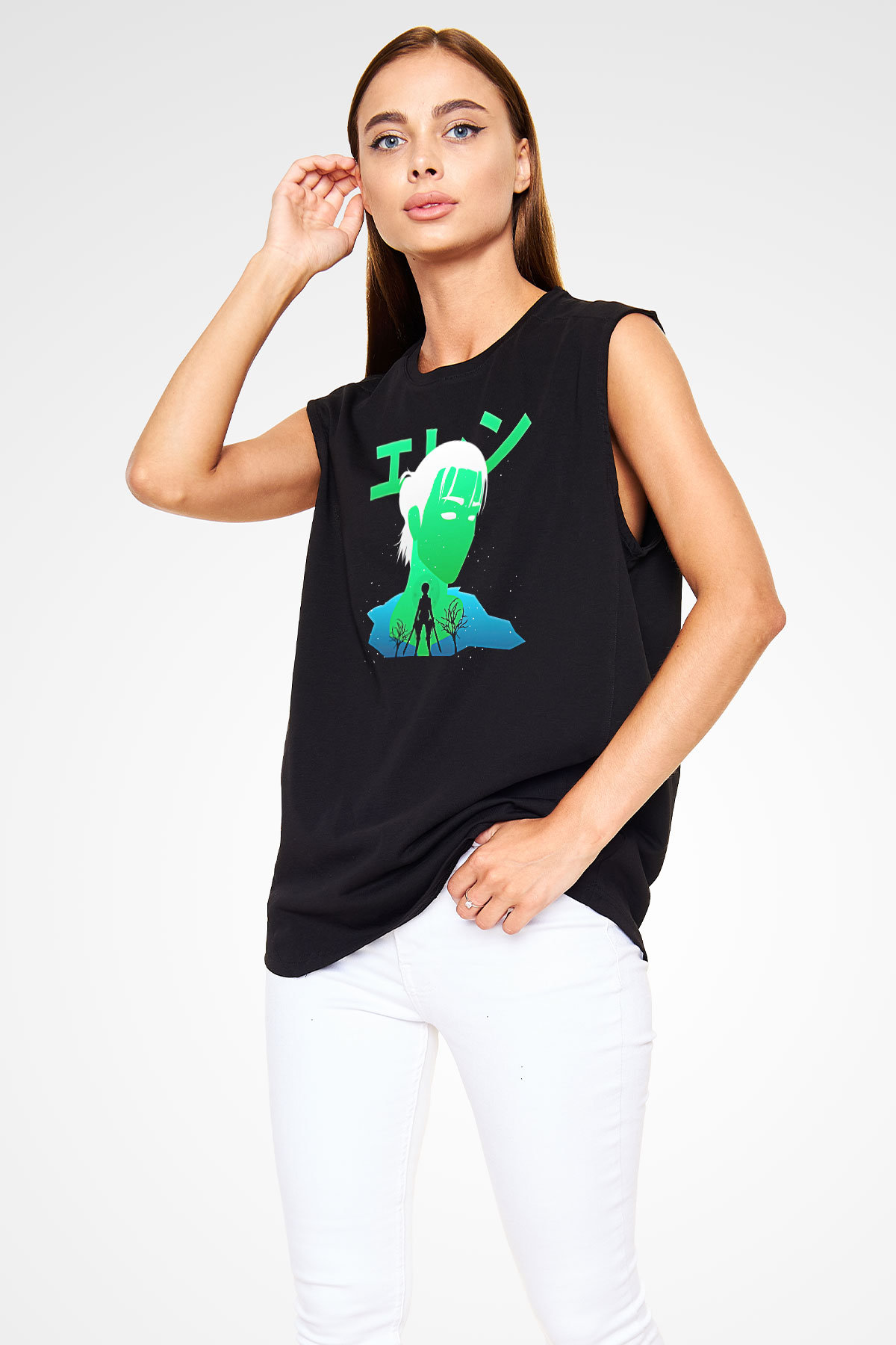 Eren Jaeger Baskılı Unisex Siyah Kolsuz Tişört - Tshirt