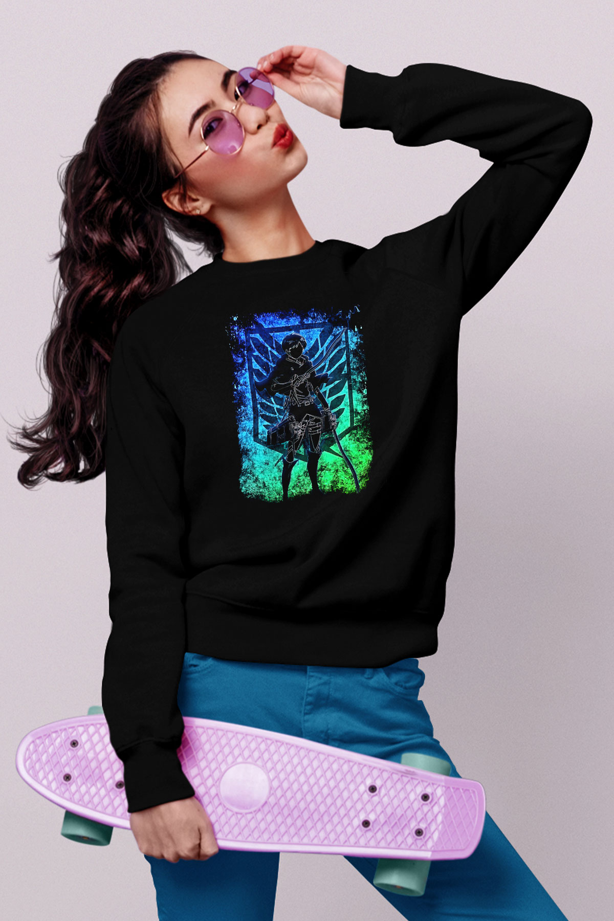 Eren Jaeger Baskılı Unisex Siyah Sweatshirt