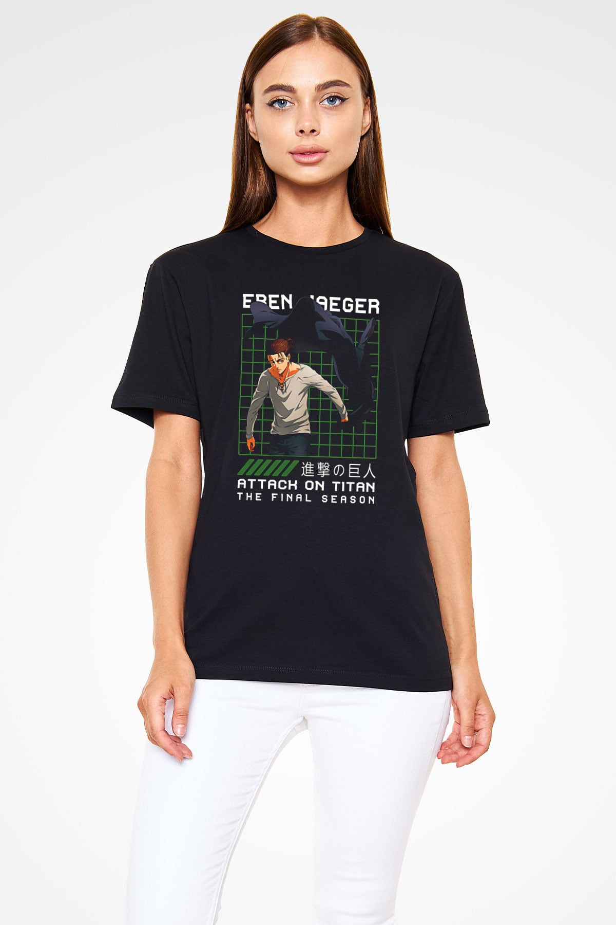Eren Jaeger Baskılı Unisex Siyah Tişört - Tshirt