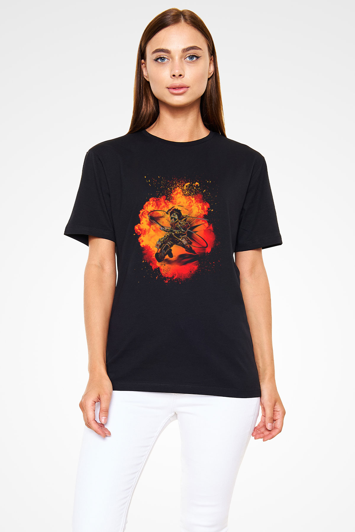 Eren Jaeger Baskılı Unisex Siyah Tişört - Tshirt