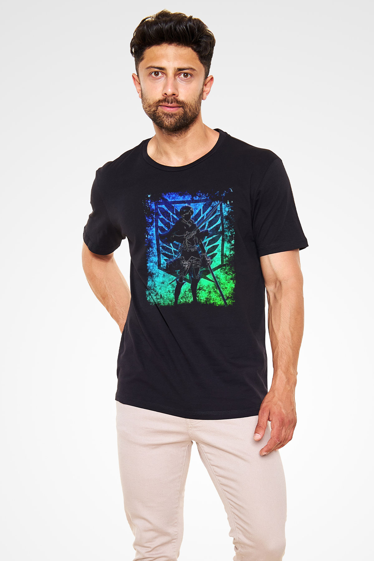Eren Jaeger Baskılı Unisex Siyah Tişört - Tshirt