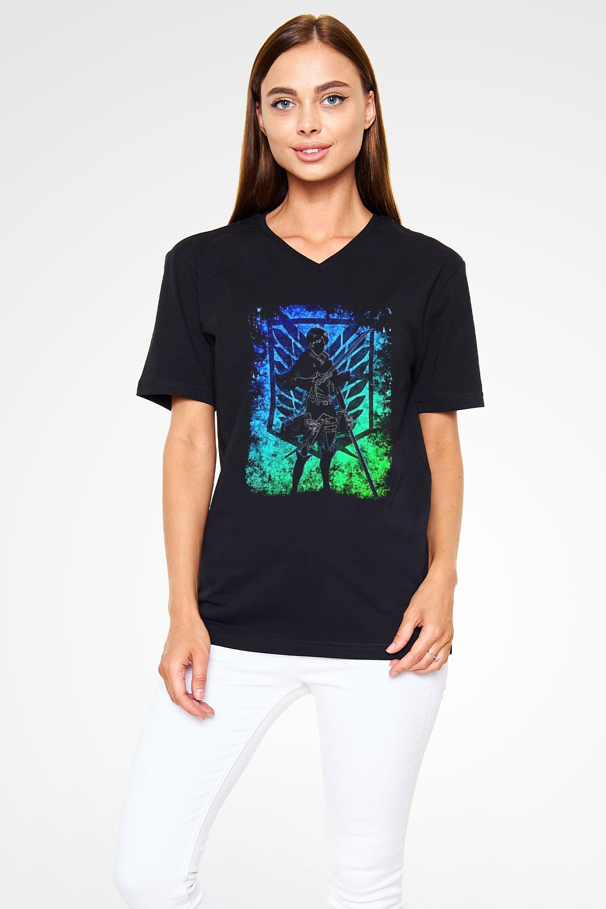 Eren Jaeger Baskılı Unisex Siyah V Yaka Tişört - Tshirt