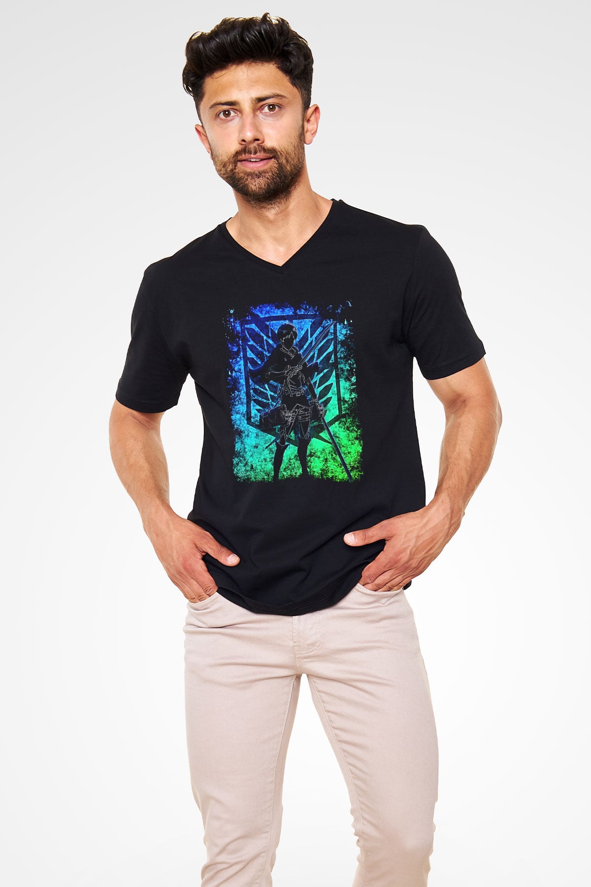 Eren Jaeger Baskılı Unisex Siyah V Yaka Tişört - Tshirt
