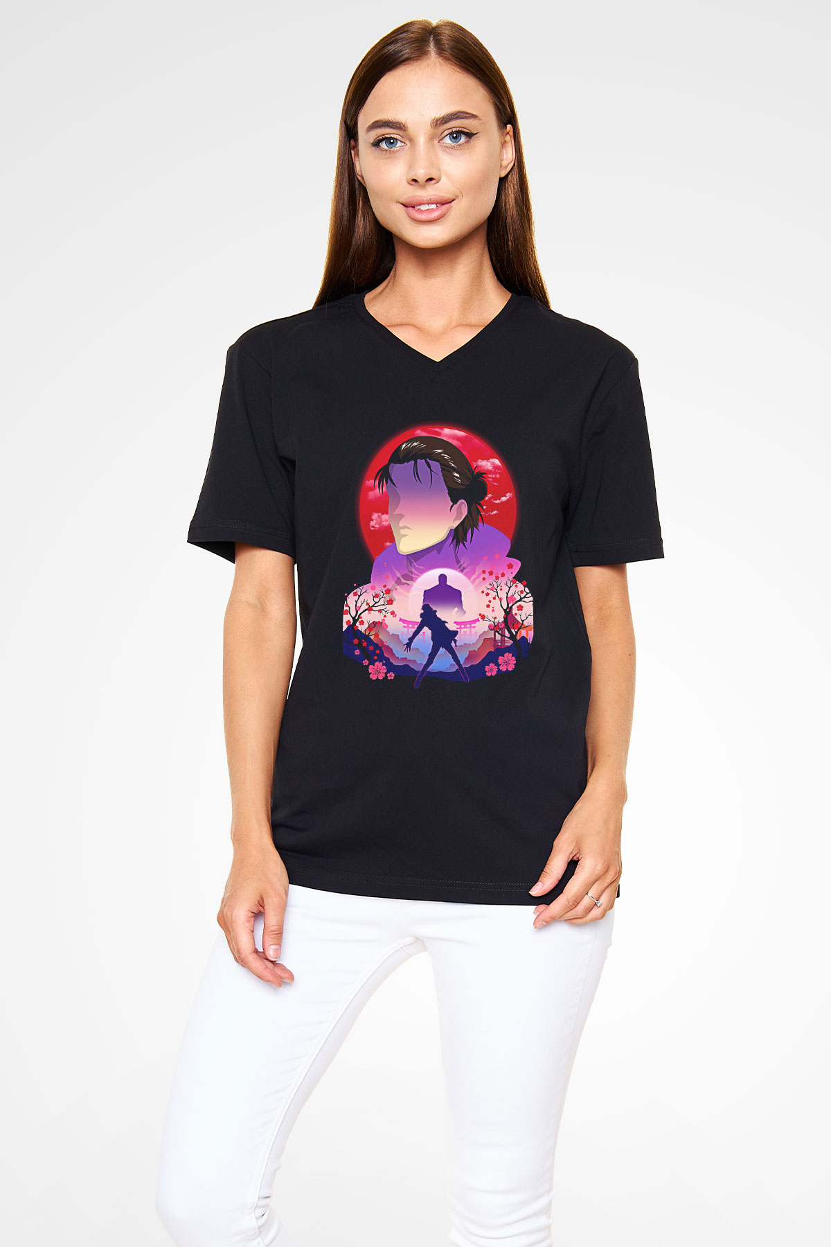 Eren Jaeger Baskılı Unisex Siyah V Yaka Tişört - Tshirt