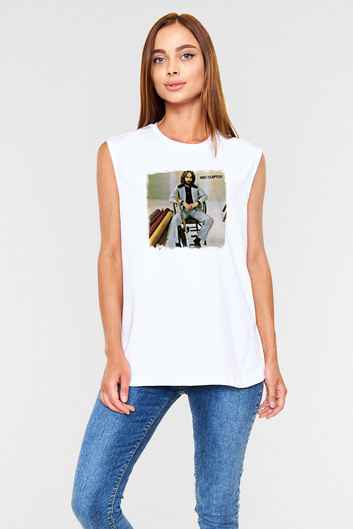 Eric Clapton Baskılı Unisex Beyaz Kolsuz Tişört