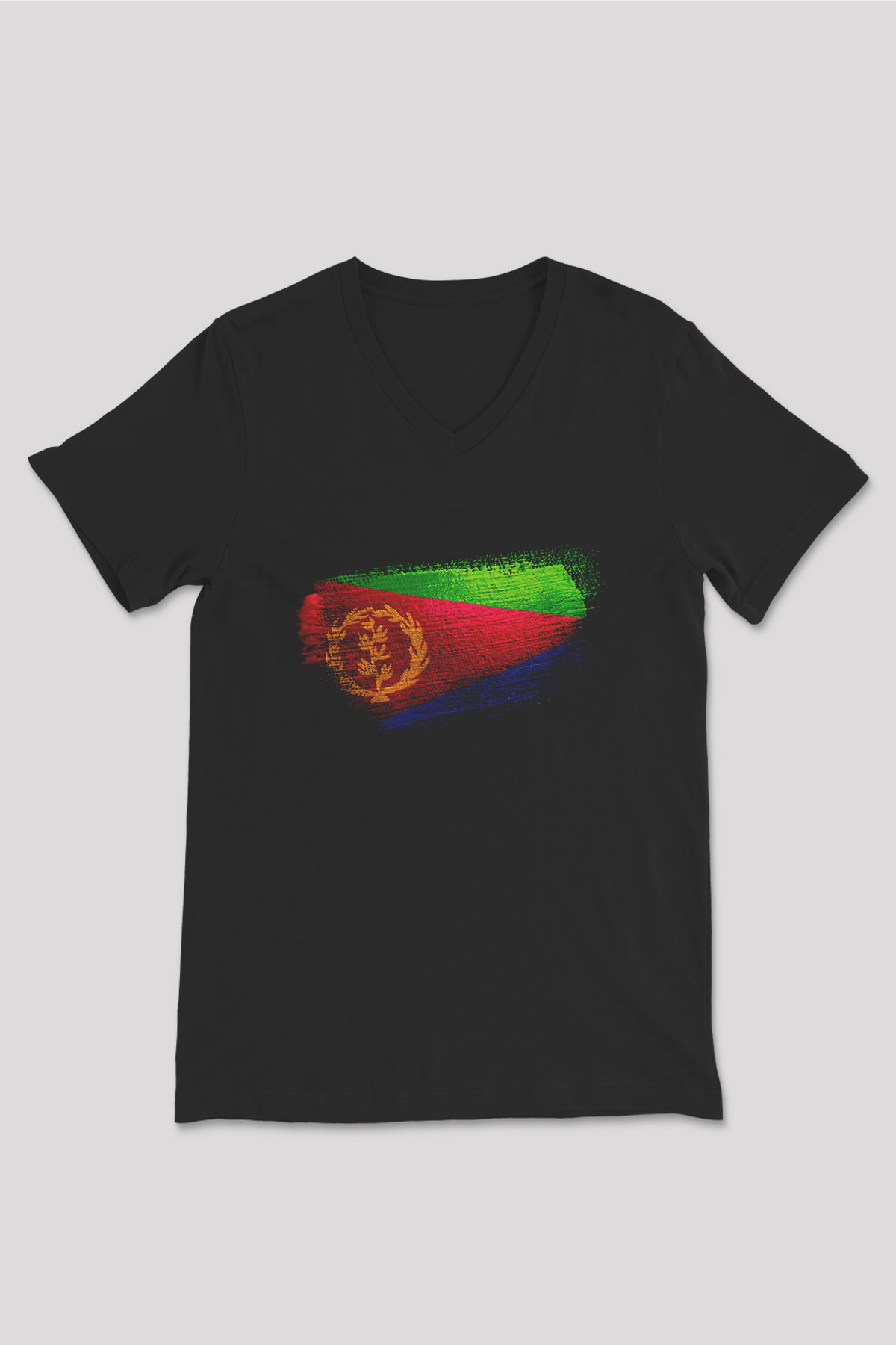 Eritre - Eritrea Bayrağı Baskılı Unisex Siyah V Yaka Tişört