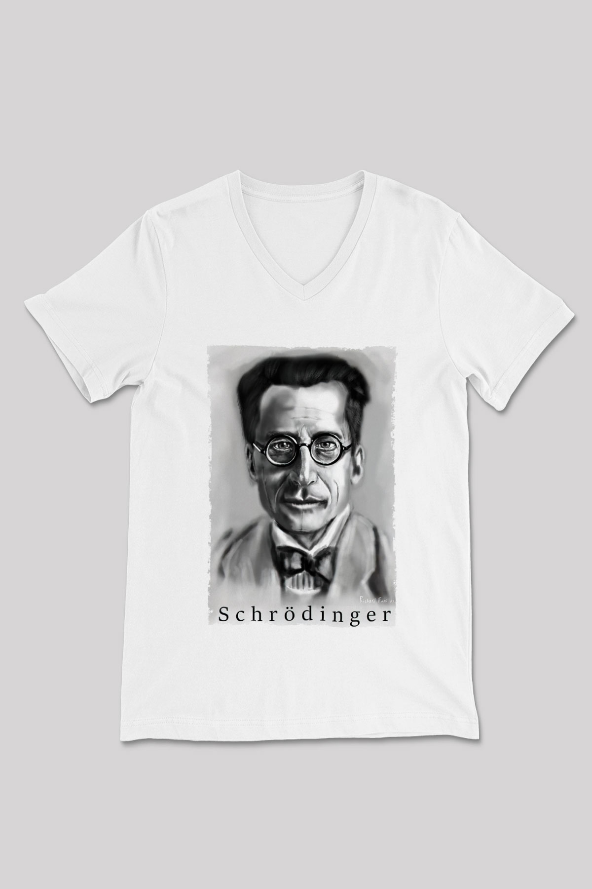 Erwin Schrödinger Baskılı Unisex V Yaka Beyaz Tişört - Tshirt