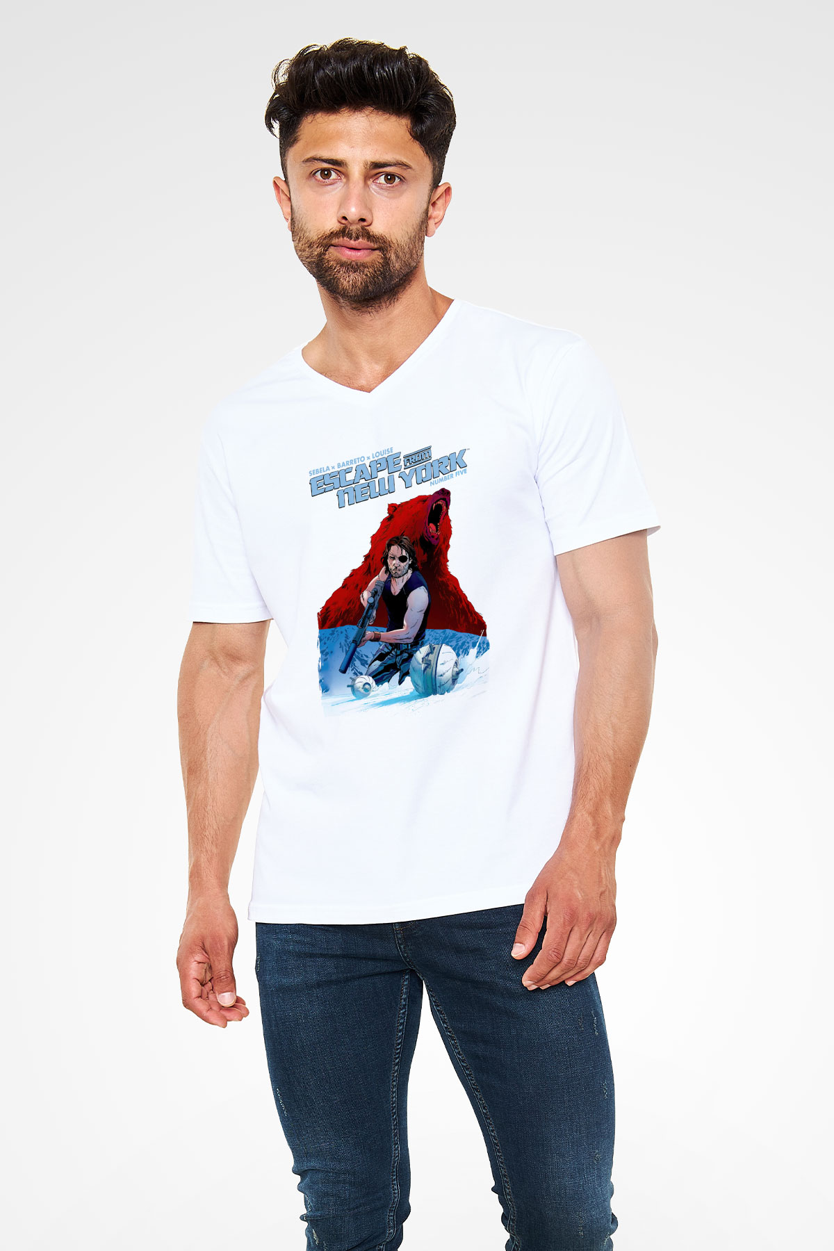 Escape from New York Beyaz Unisex  V Yaka Tişört