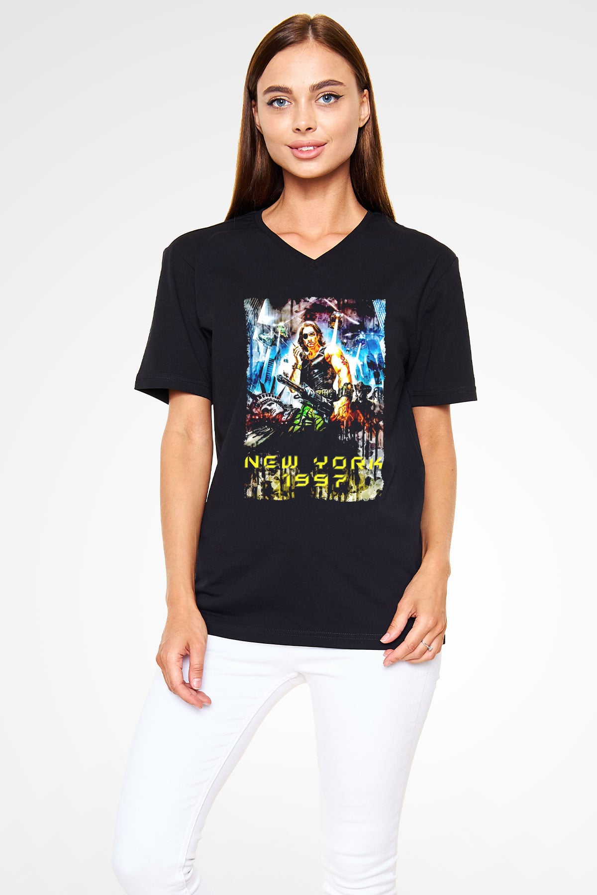 Escape from New York Siyah Unisex  V Yaka Tişört