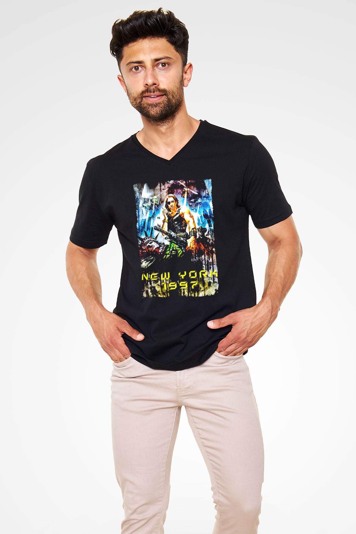 Escape from New York Siyah Unisex  V Yaka Tişört
