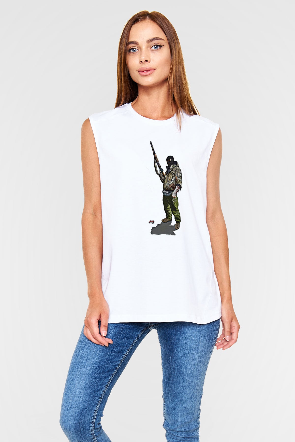 Escape From Tarkov Baskılı Beyaz Unisex Kolsuz Tişört - Tshirt