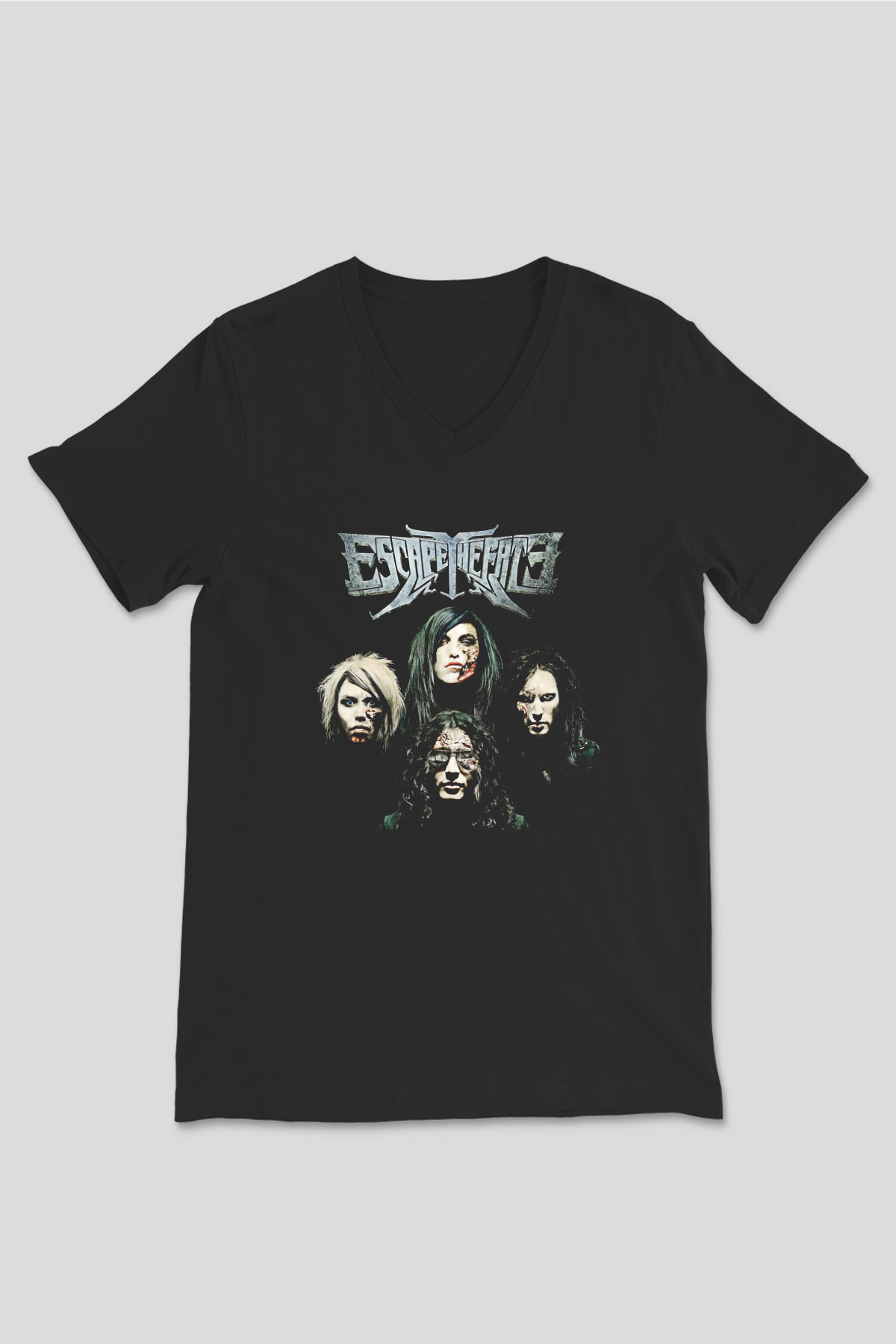 Escape the fate Baskılı Unisex Siyah V Yaka Tişört - Tshirt