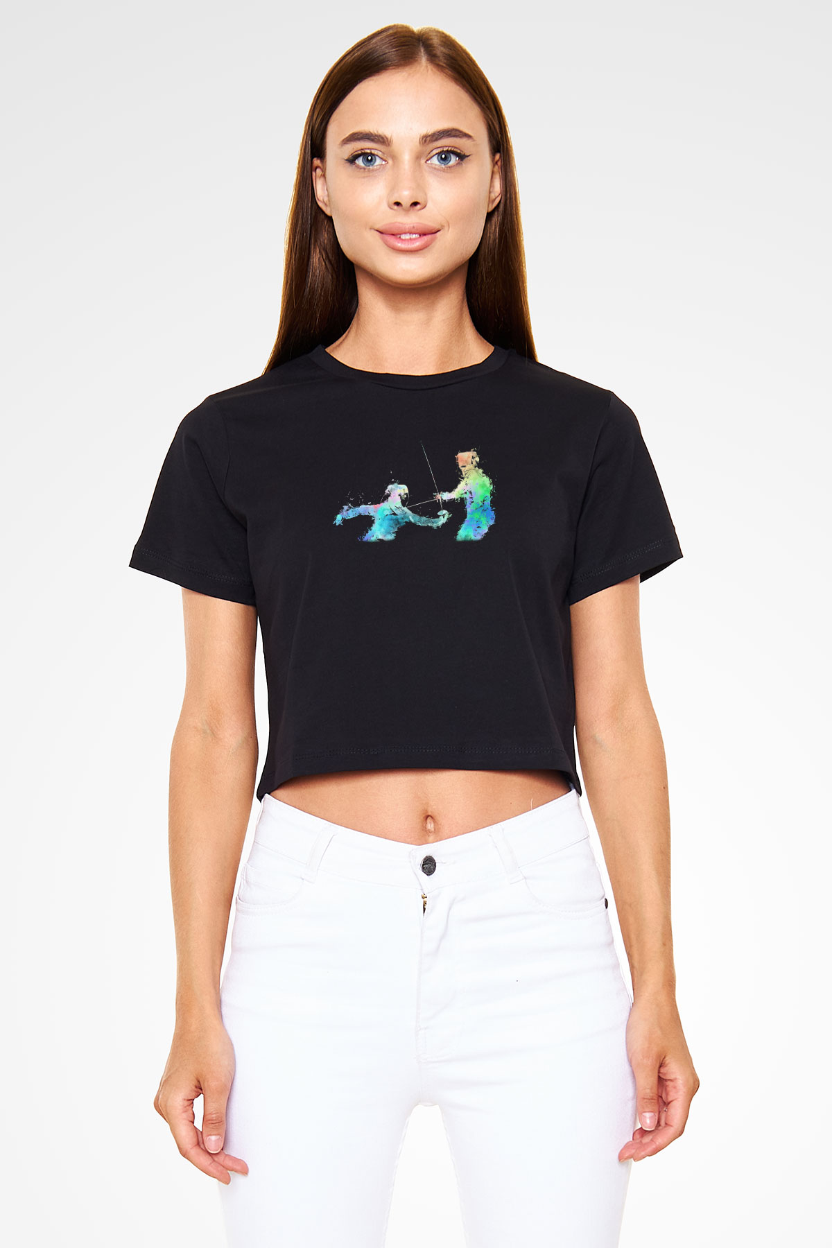 Eskrim - Fencing Baskılı Crop Top Siyah Kadın Tişört - Tshirt
