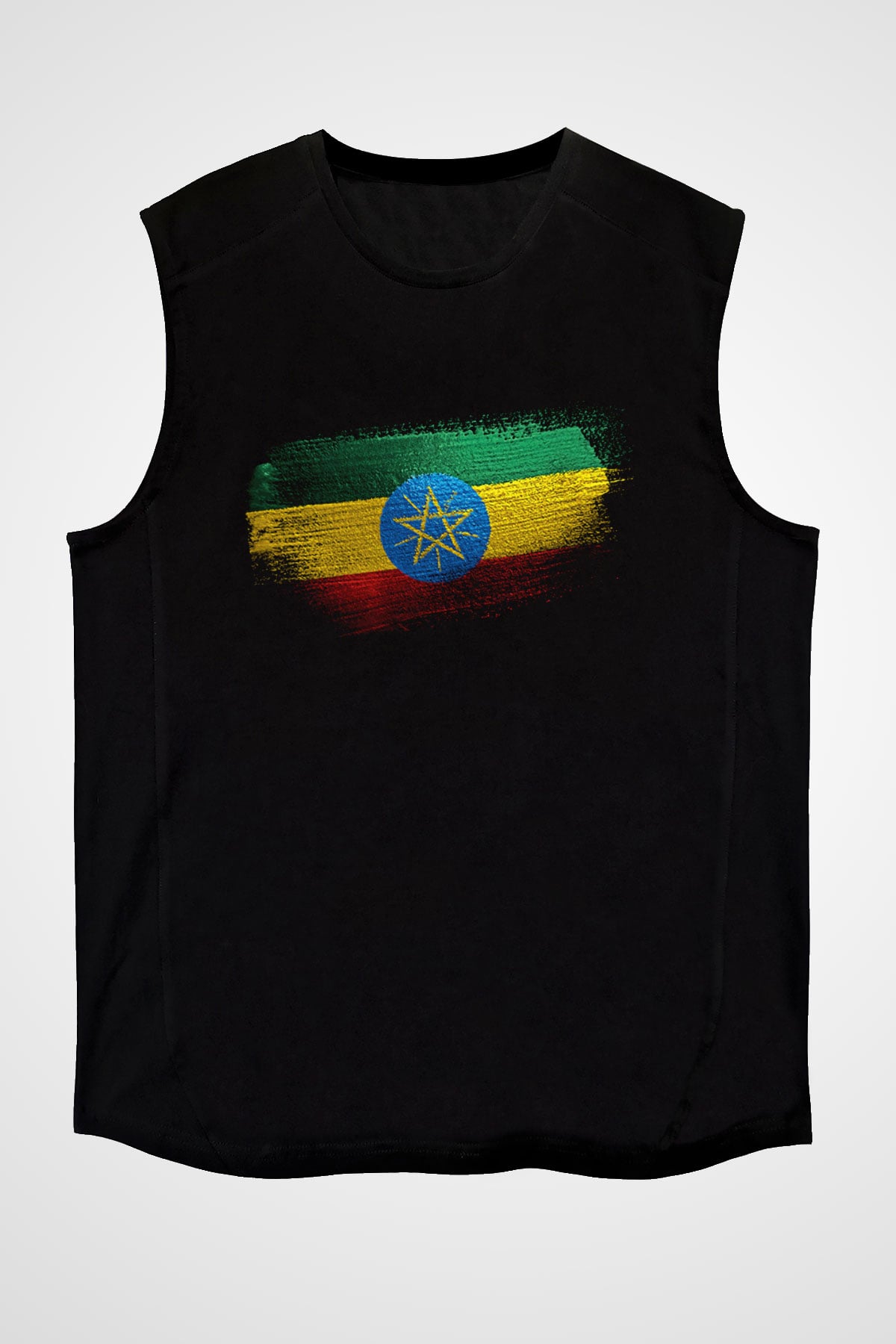 Etiyopya - Ethiopia Bayrağı Baskılı Unisex Siyah Kolsuz Tişört