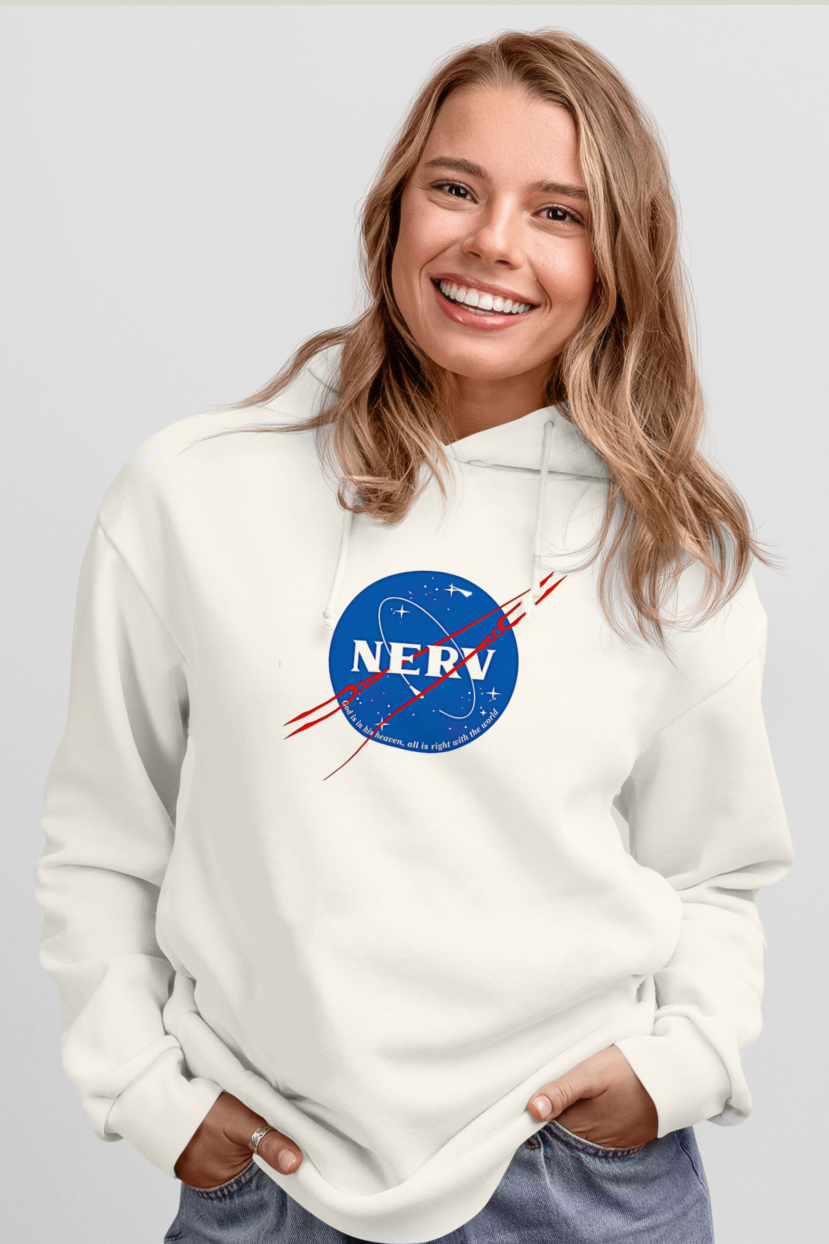 Evangelion Baskılı Beyaz Unisex Hoodie