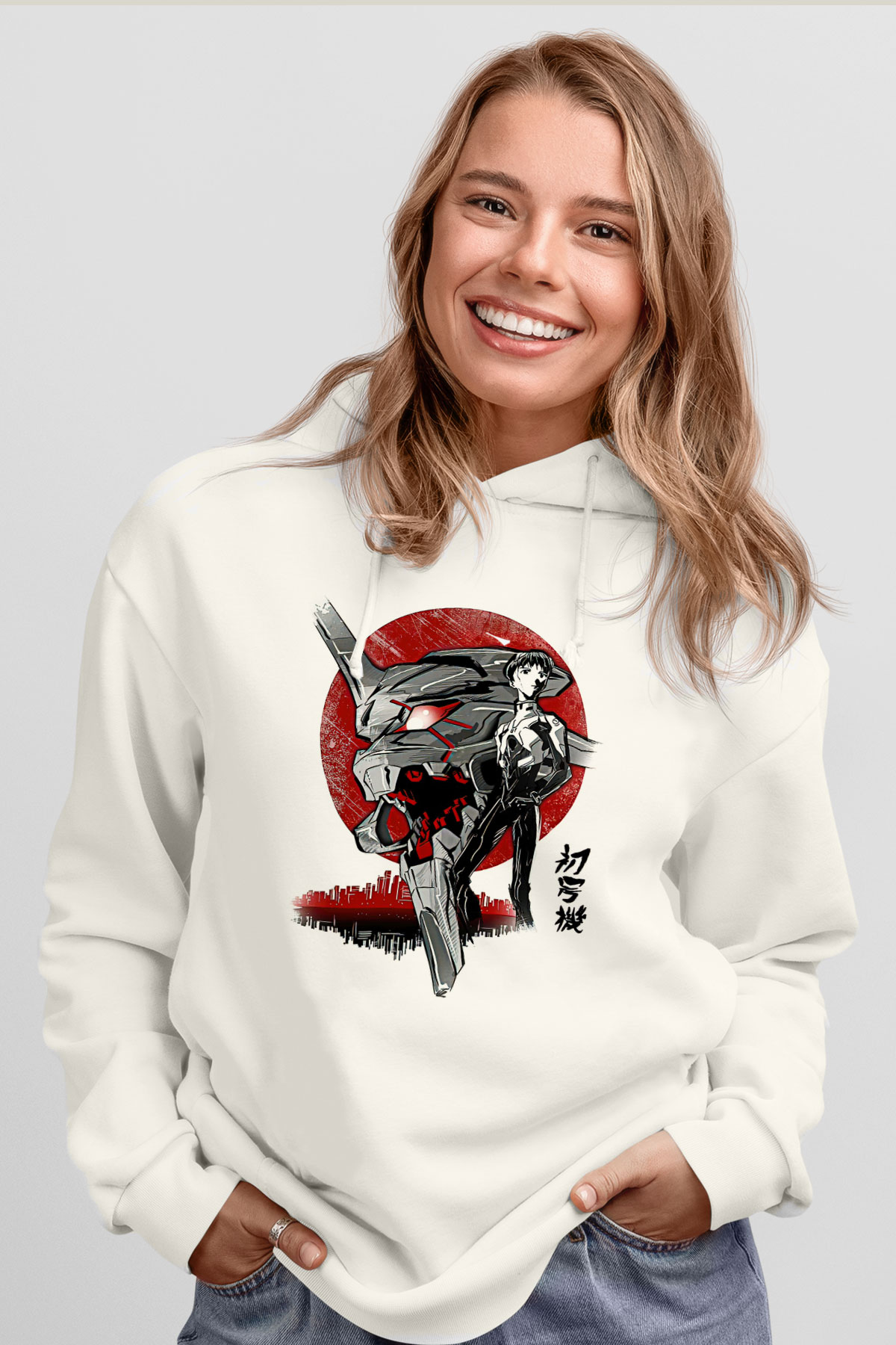 Evangelion Baskılı Beyaz Unisex Hoodie