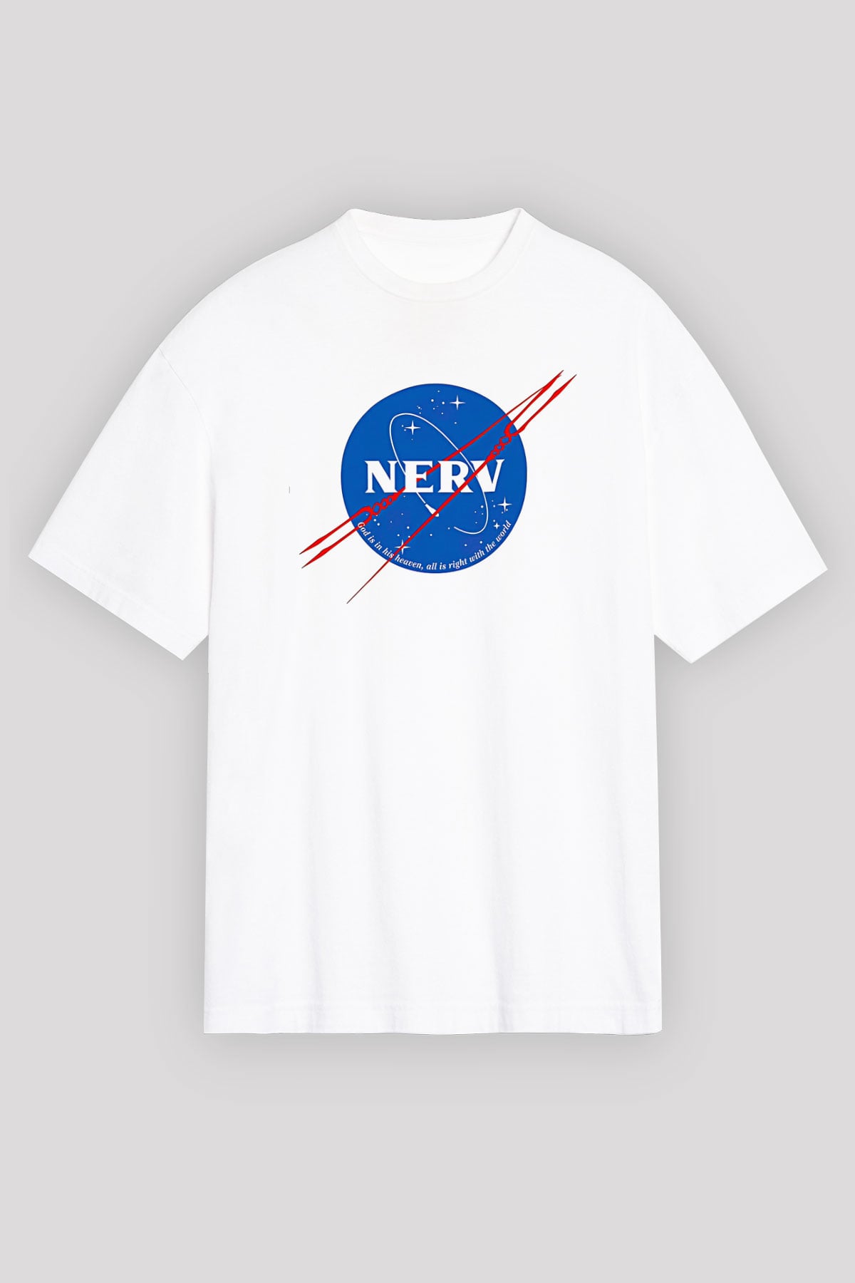 Evangelion Baskılı Beyaz Unisex Oversize Tişört - Tshirt