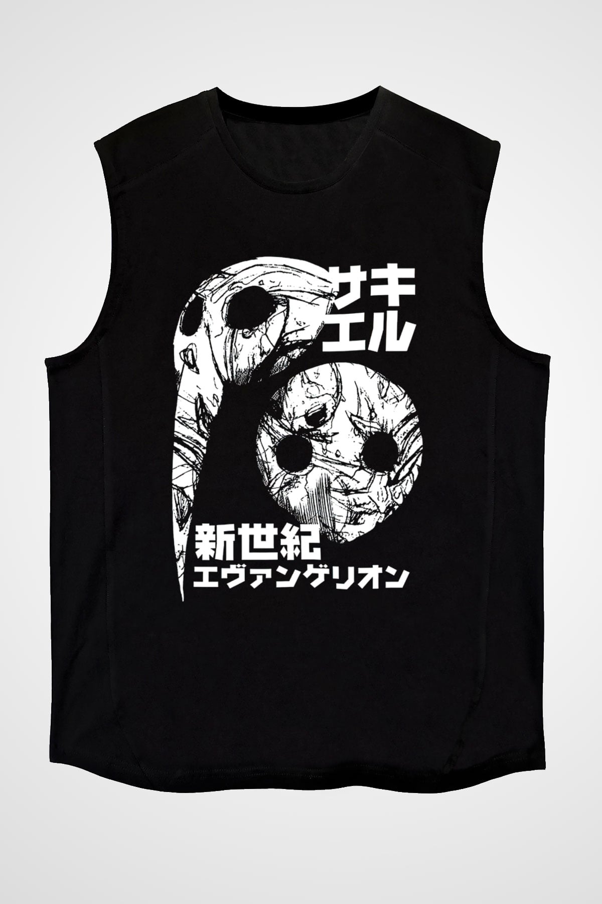 Evangelion Baskılı Unisex Siyah Kolsuz Tişört - Tshirt