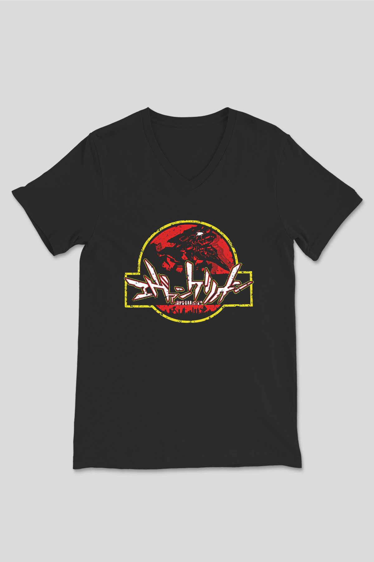 Evangelion Baskılı Unisex Siyah V Yaka Tişört - Tshirt