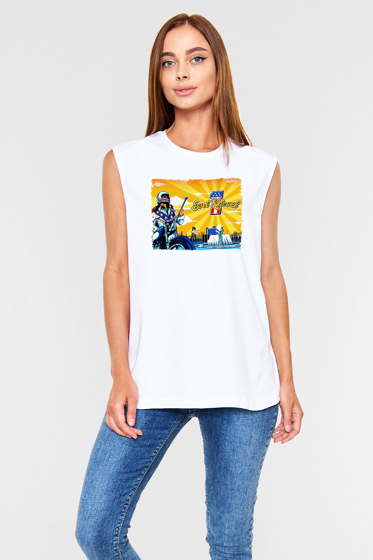 Evel Knievel Beyaz Unisex  Kolsuz Tişört