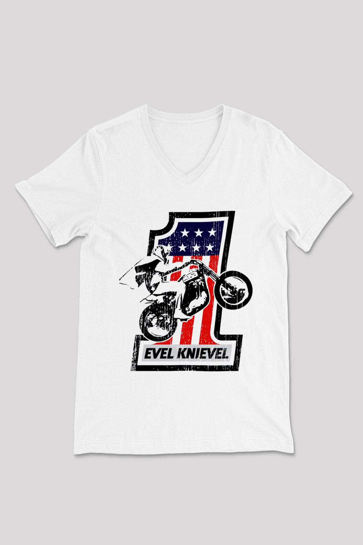 Evel Knievel Beyaz Unisex  V Yaka Tişört