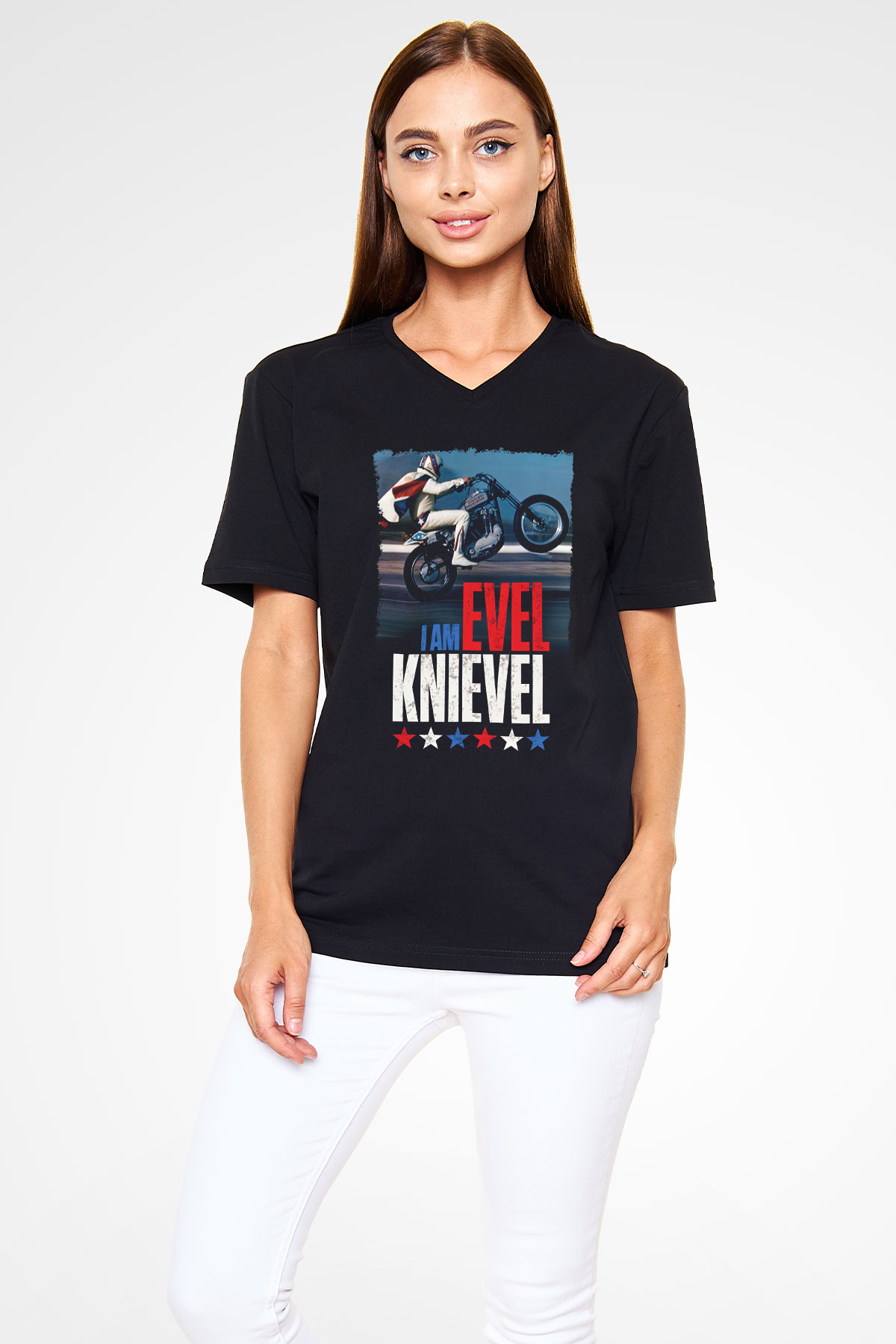 Evel Knievel Siyah Unisex  V Yaka Tişört