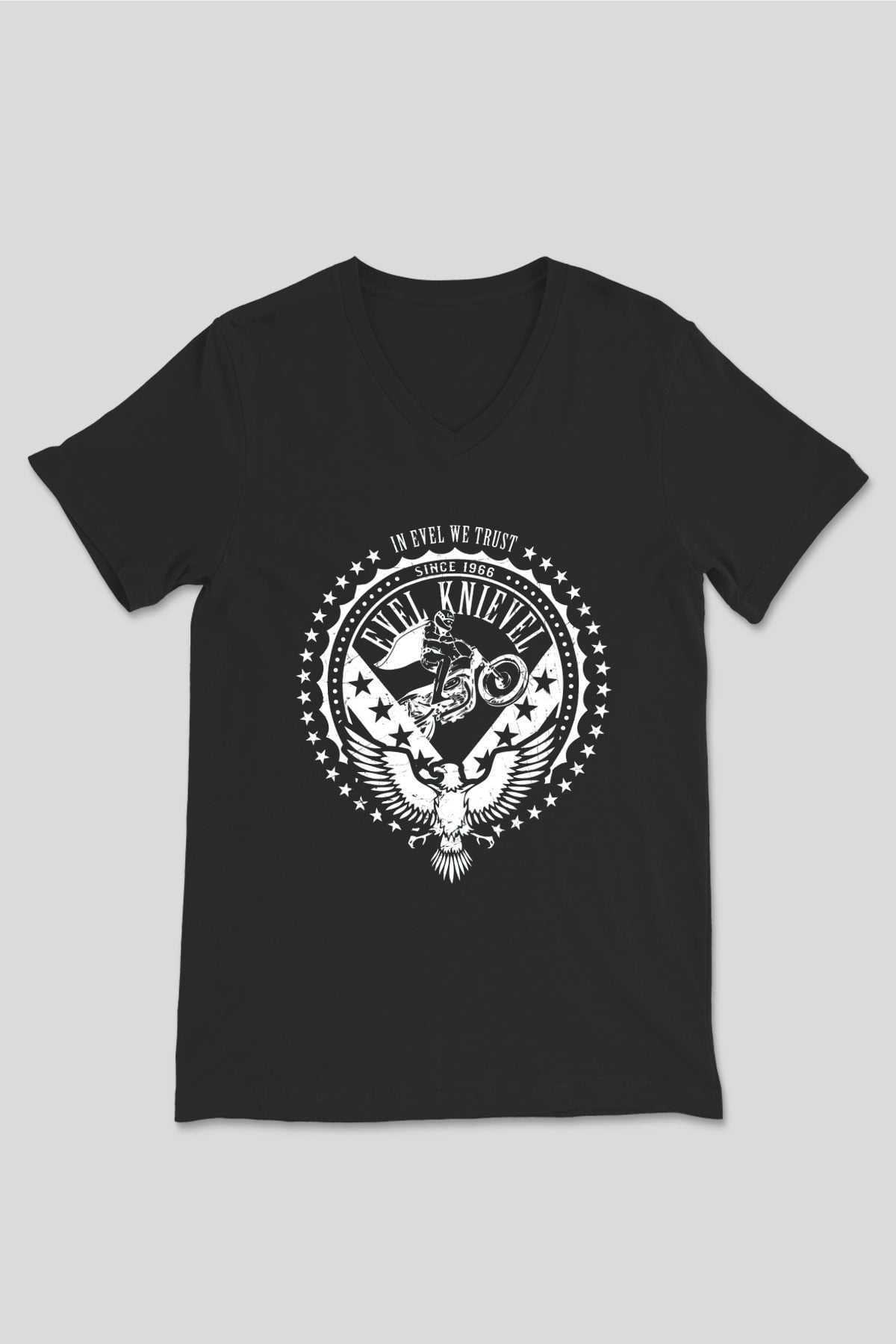 Evel Knievel Siyah Unisex  V Yaka Tişört