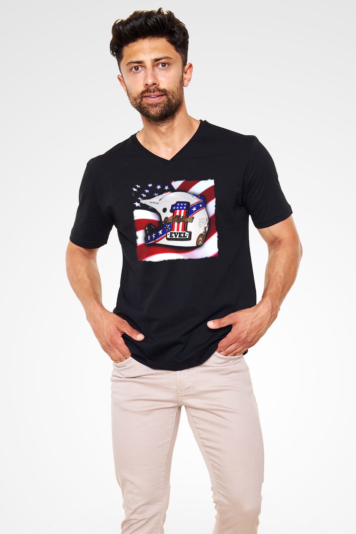 Evel Knievel Siyah Unisex  V Yaka Tişört