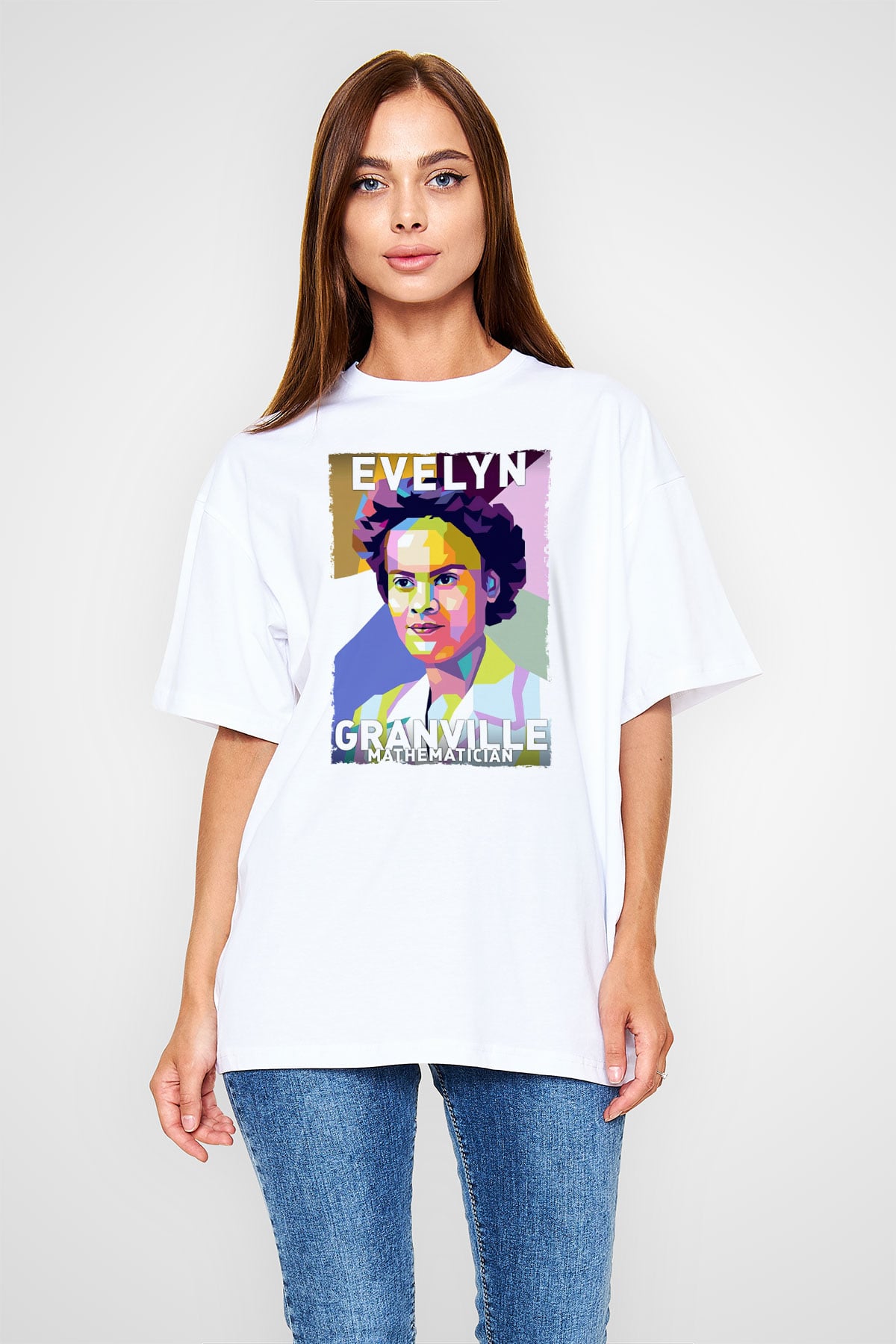 Evelyn Granville Baskılı Unisex Oversize Beyaz Tişört - Tshirt