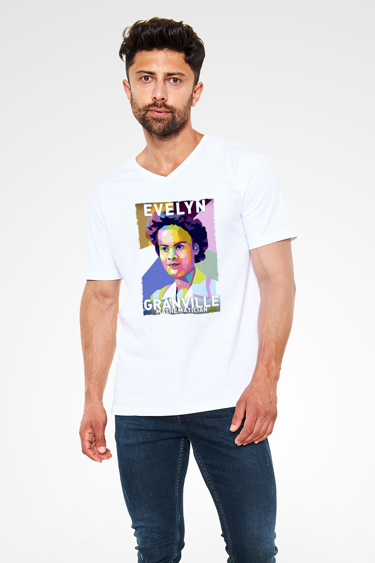 Evelyn Granville Baskılı Unisex V Yaka Beyaz Tişört - Tshirt